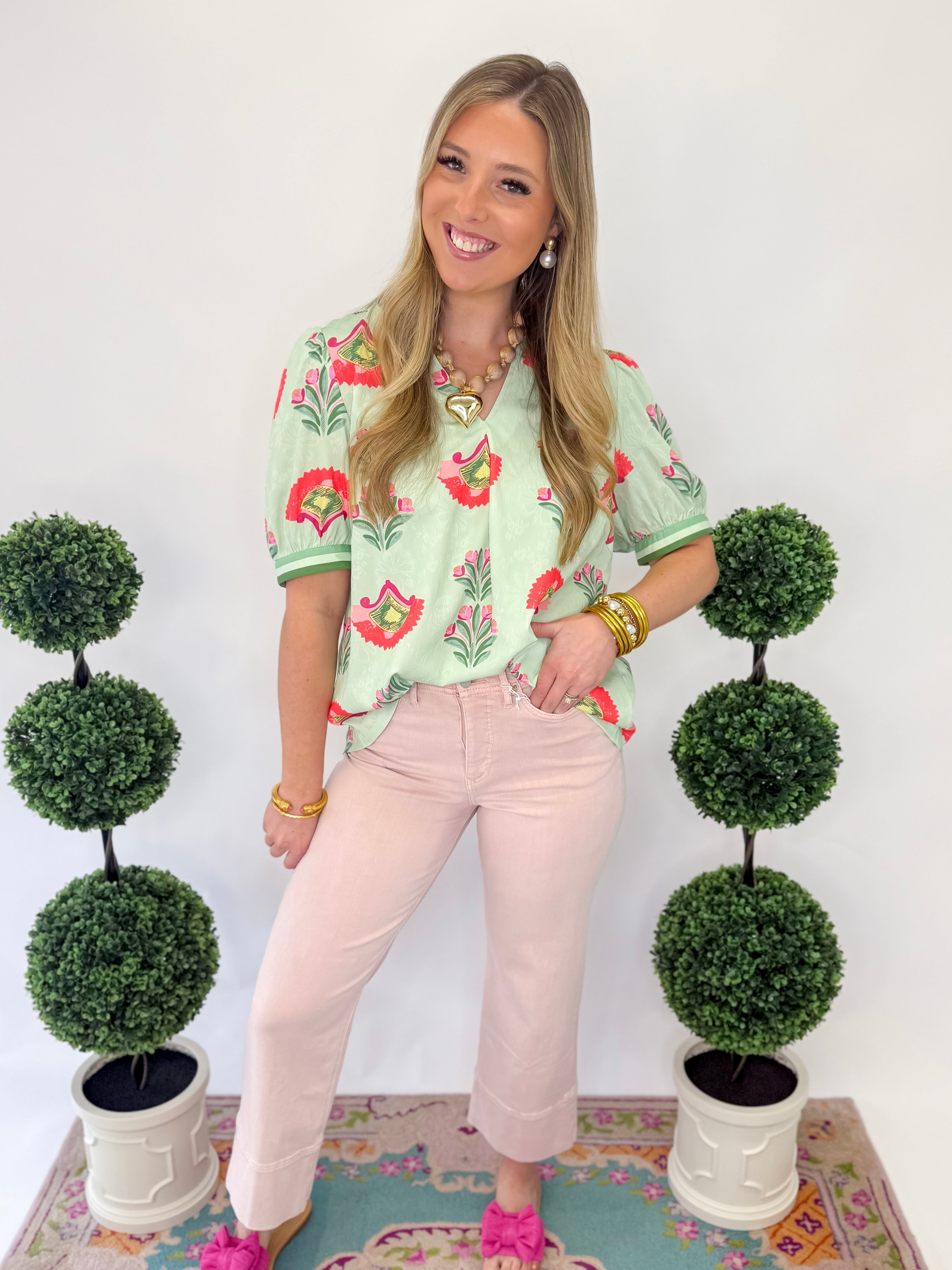 Pretty In Petals Ruffle Neck Top - Lt Sage