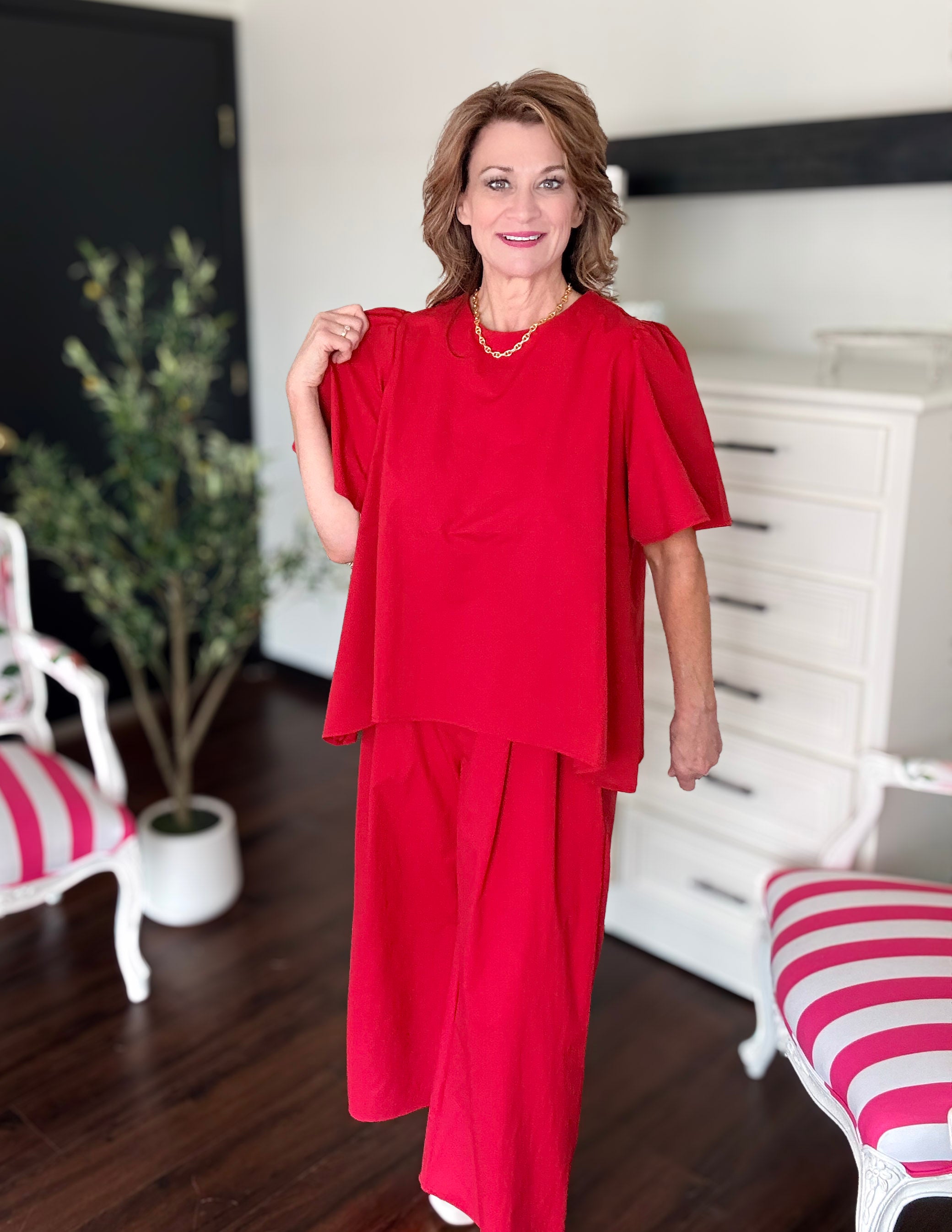 Sandy Poplin Wide Leg Pants-Red