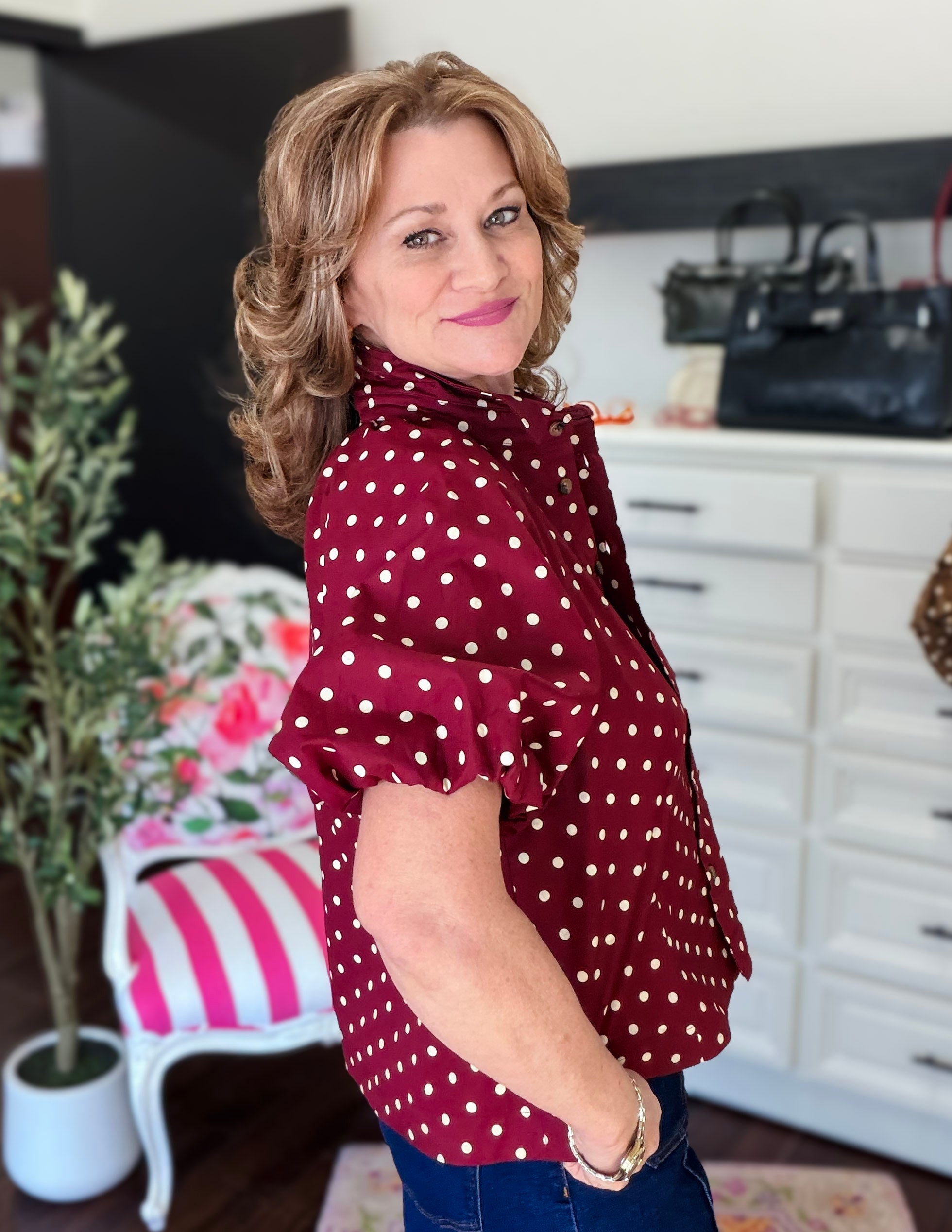 Polka Dot Puff Sleeve Top-Deep Wine