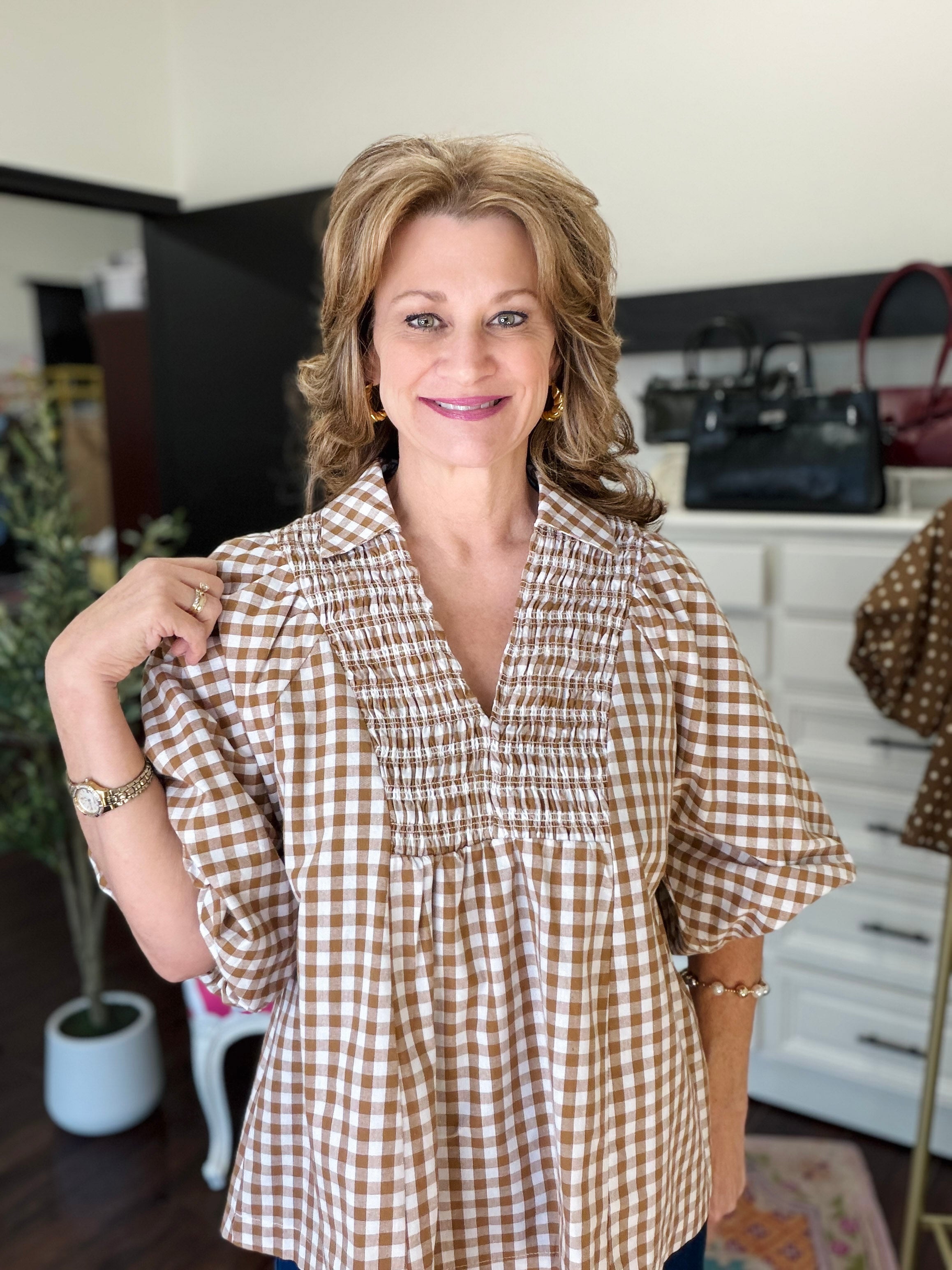 The Ruth Gingham Blouse-Brown