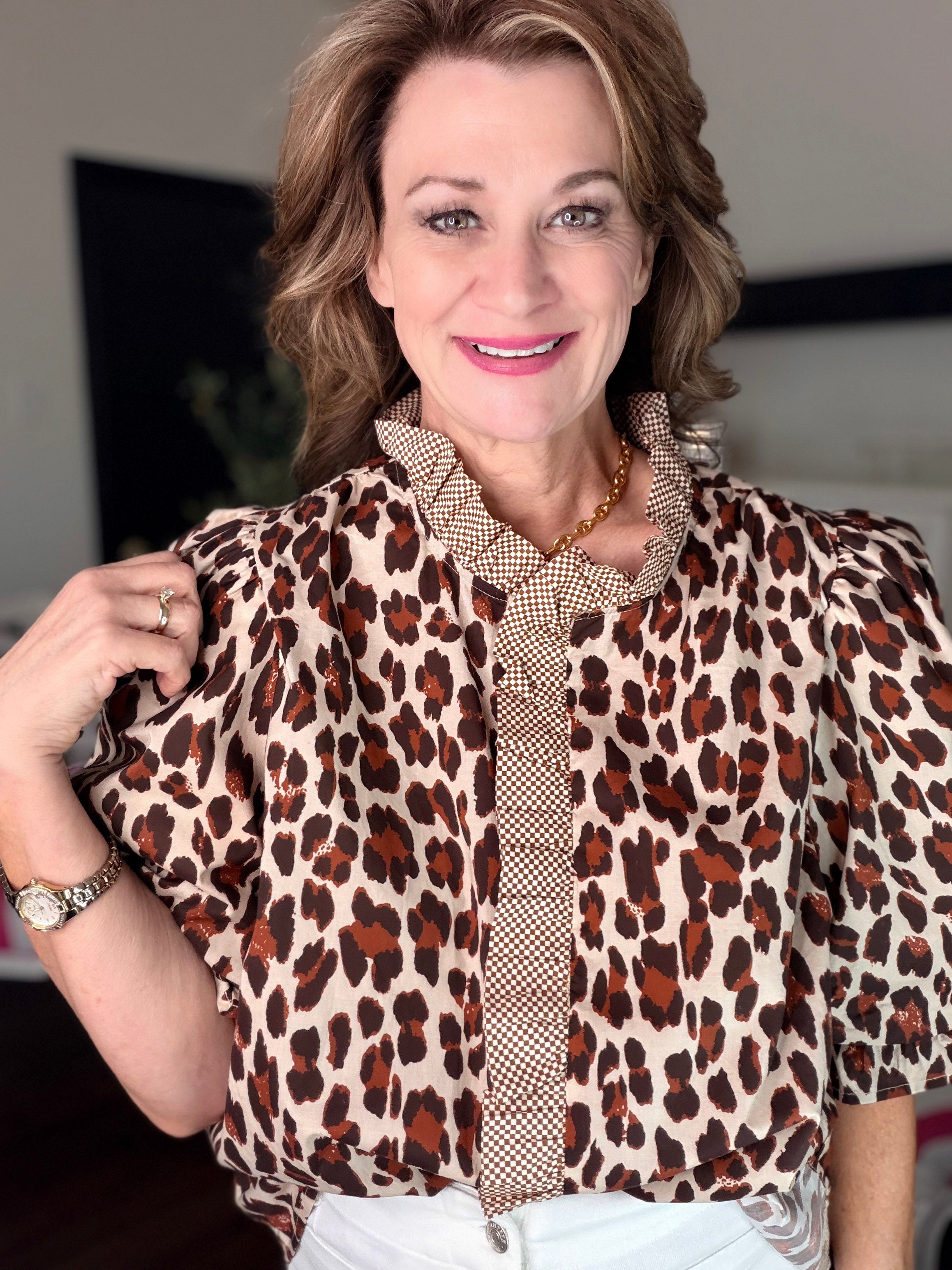 [Plus] Pretty Wild Leopard Print Puff Sleeve Top-Ecru