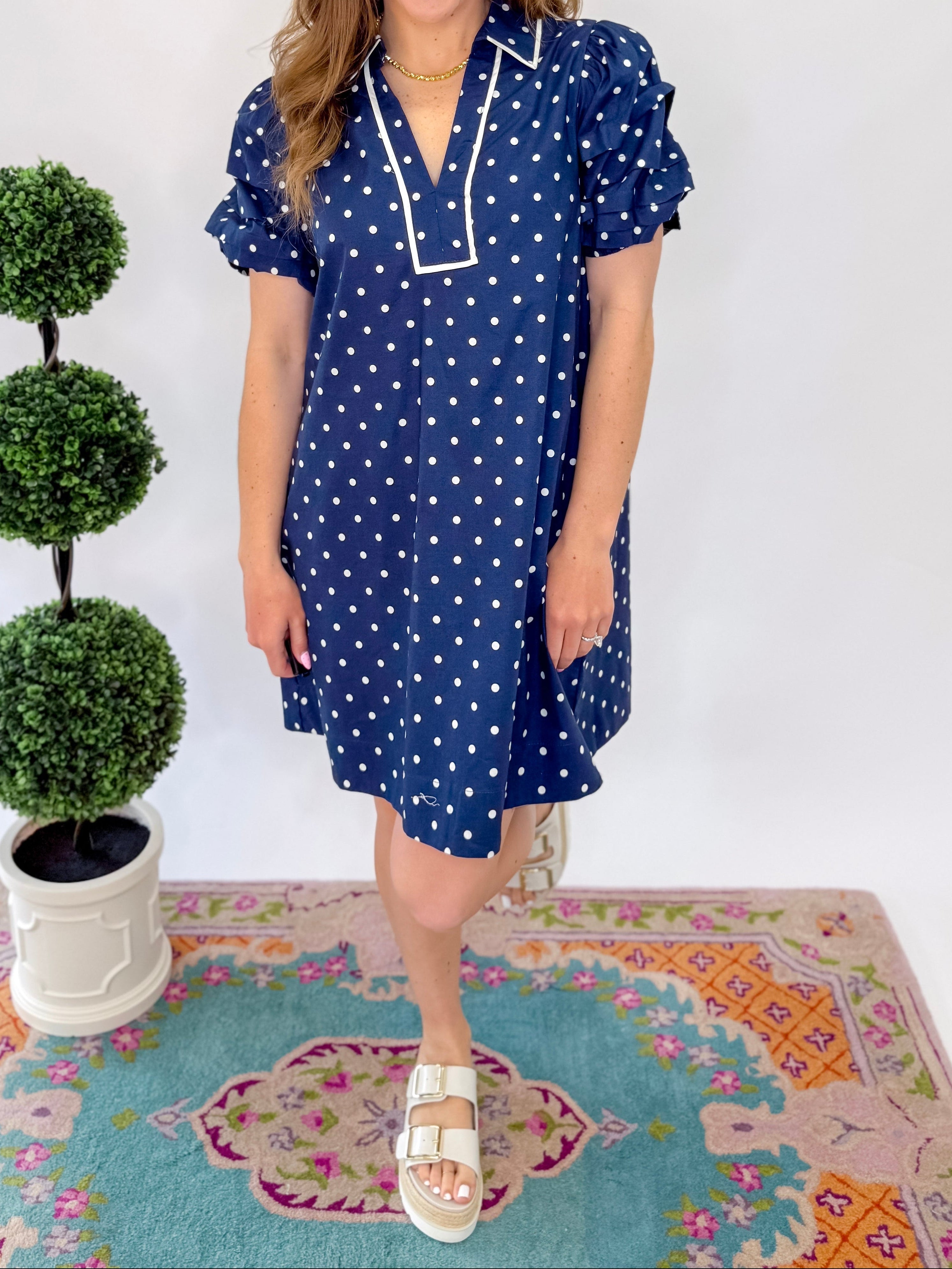 Melody Polka Dot Puff Sleeve Dress - Navy