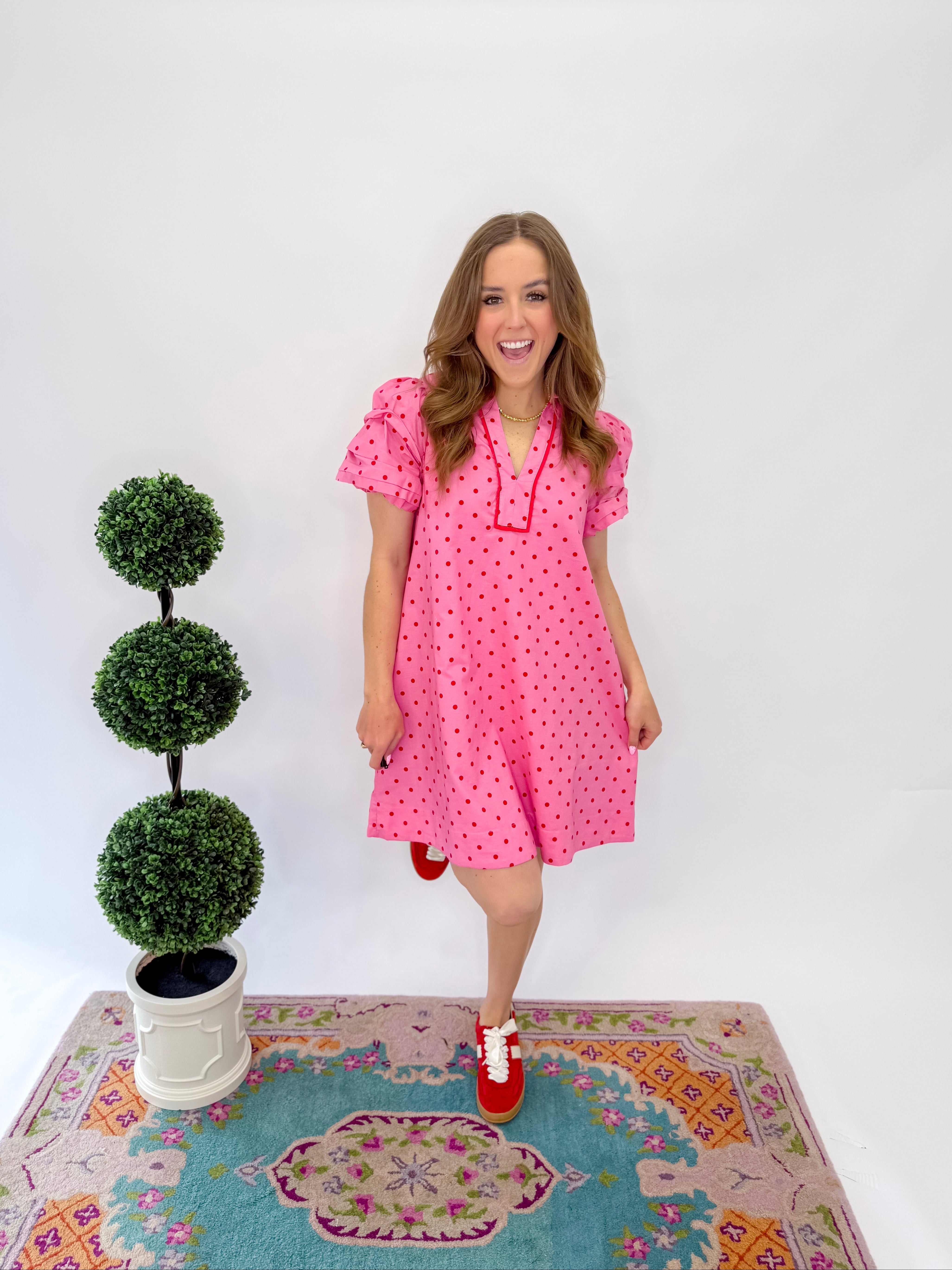 Melody Polka Dot Puff Sleeve Dress - Pink