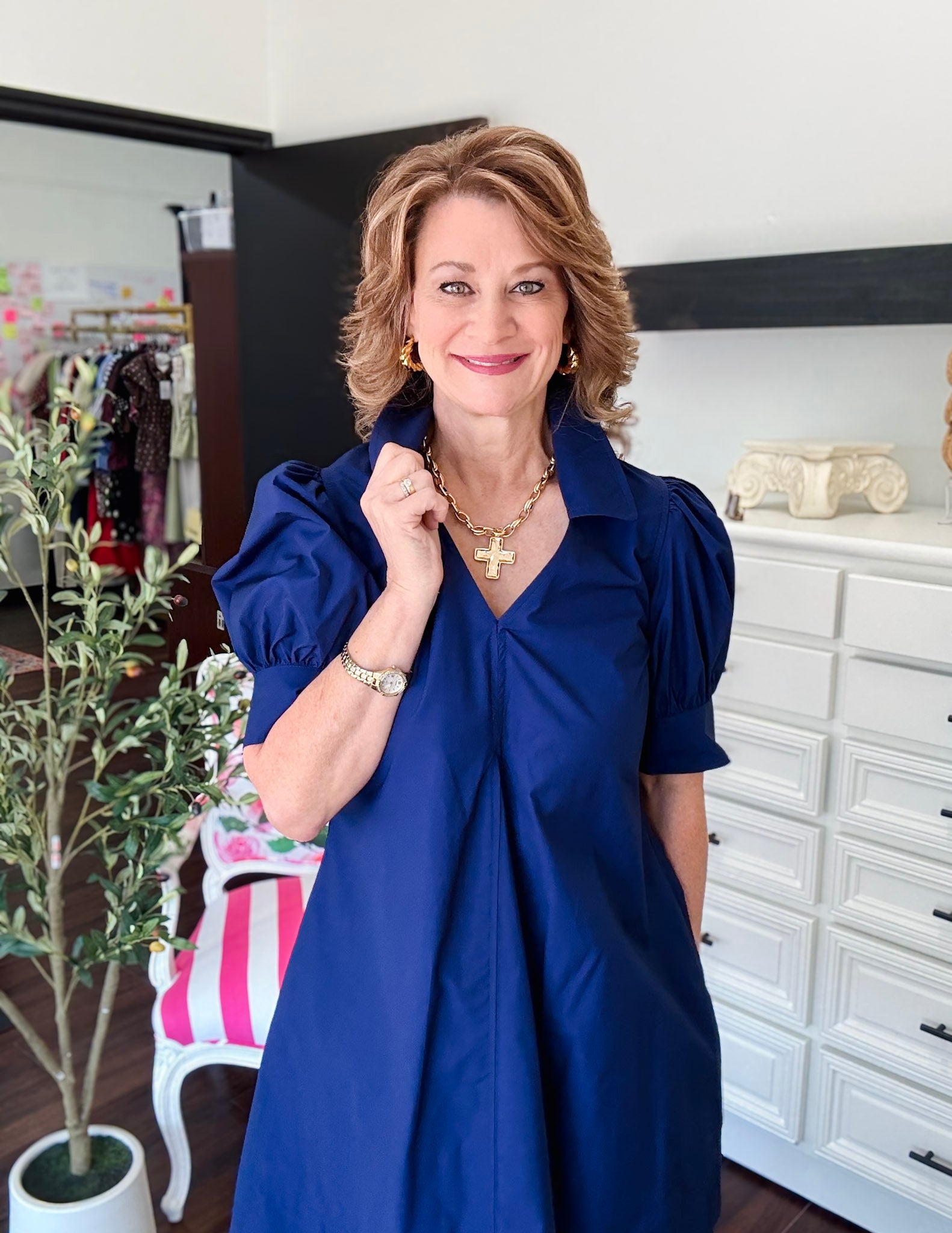 Puff Sleeve V-Neck Mini Dess-Deep Navy