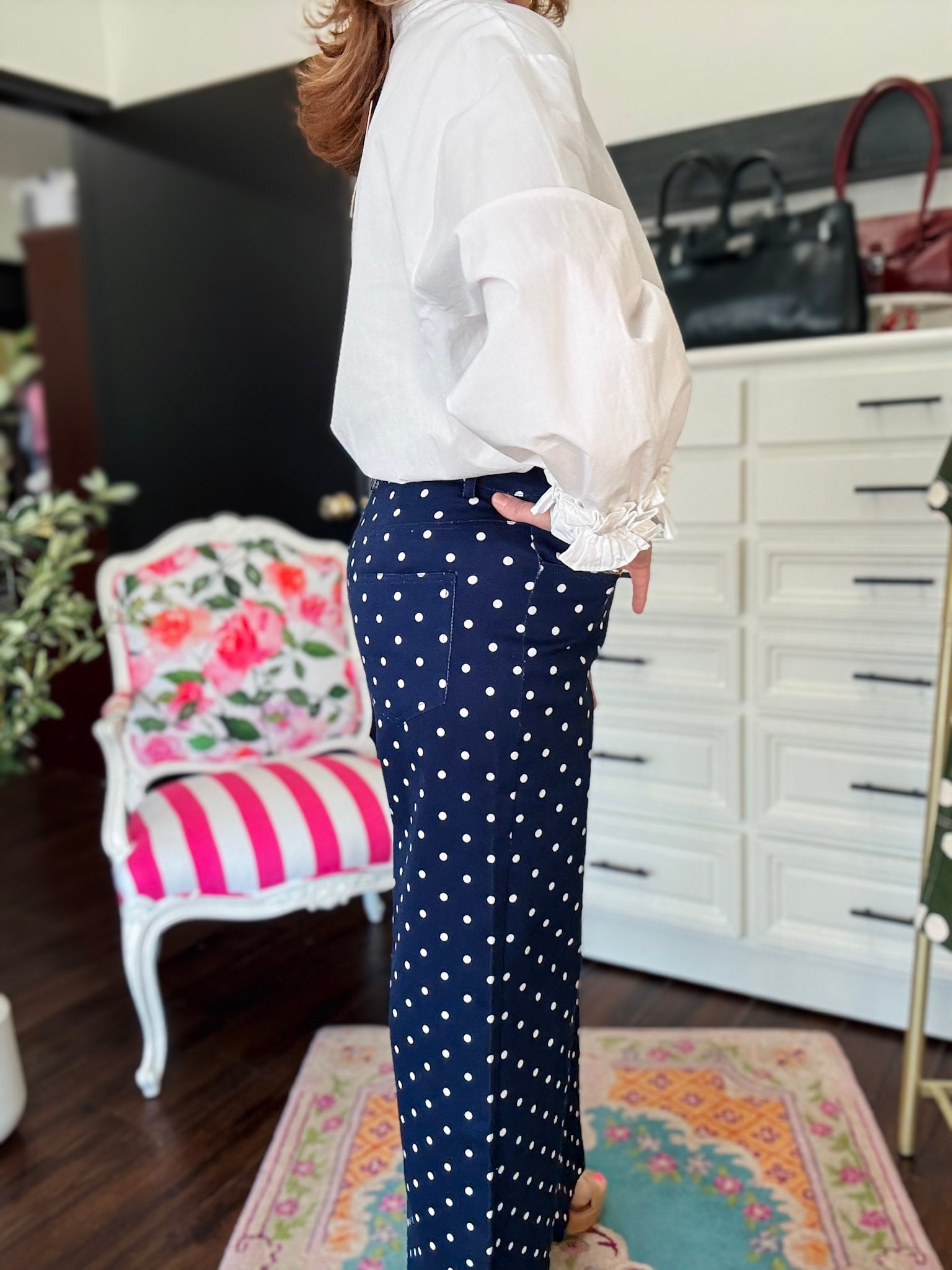 Wide Leg Cropped Pant Navy Polka Dot - Navy