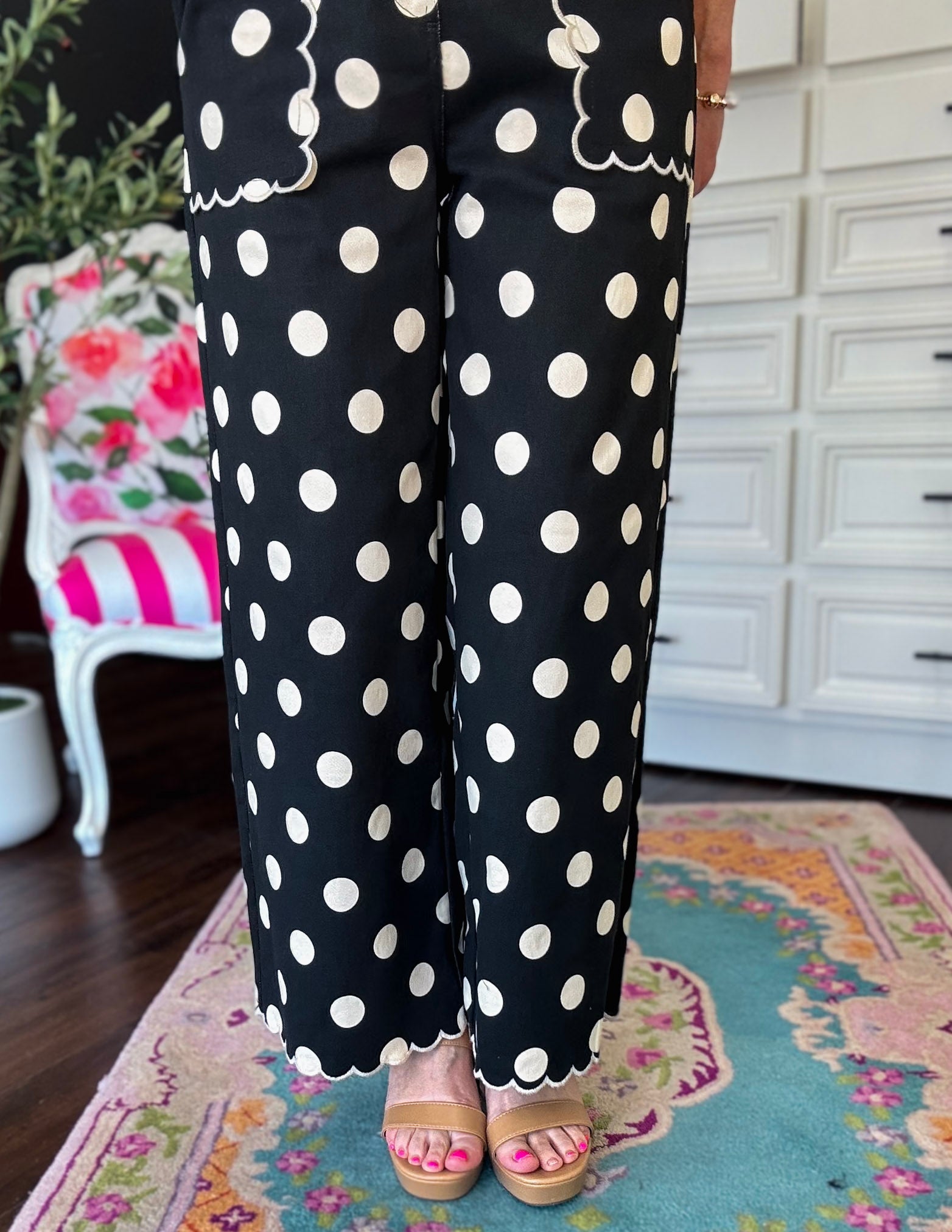 Polka Dot Scallop Pant-Black/Ivory