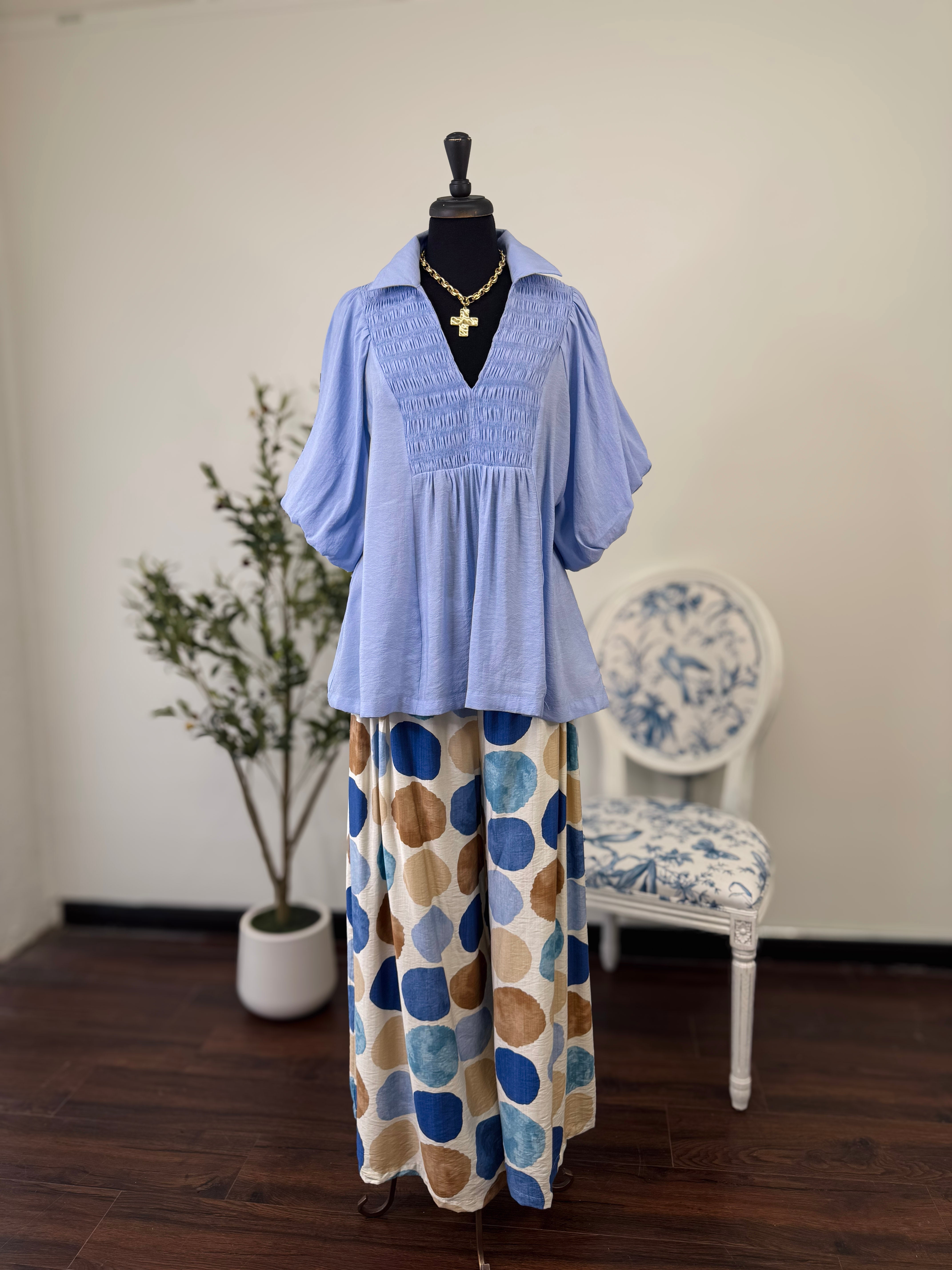 Smocked Bubble Sleeve Top-Plus-Peri Blue