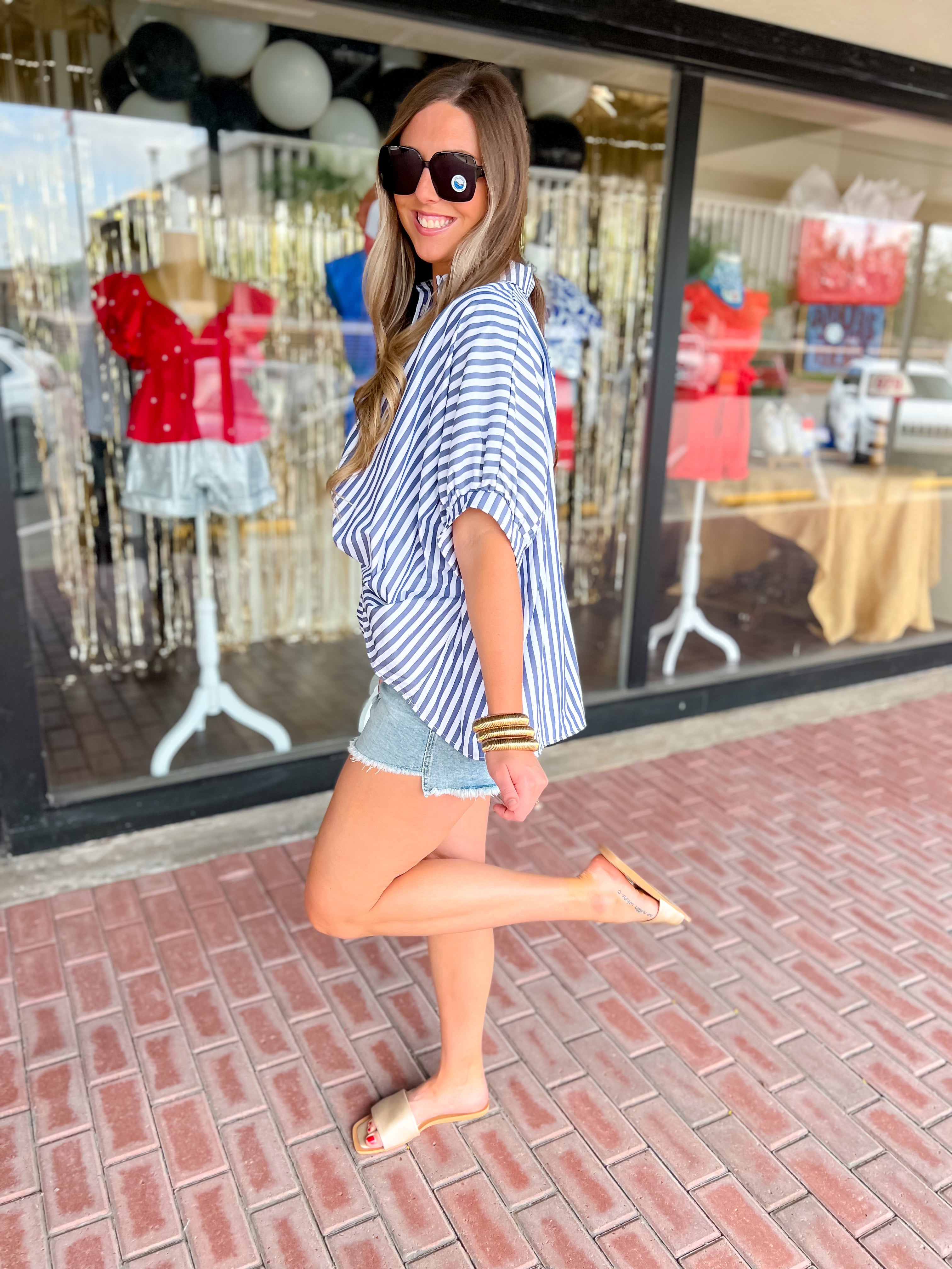 Oversized Button Down Striped Top-Navy