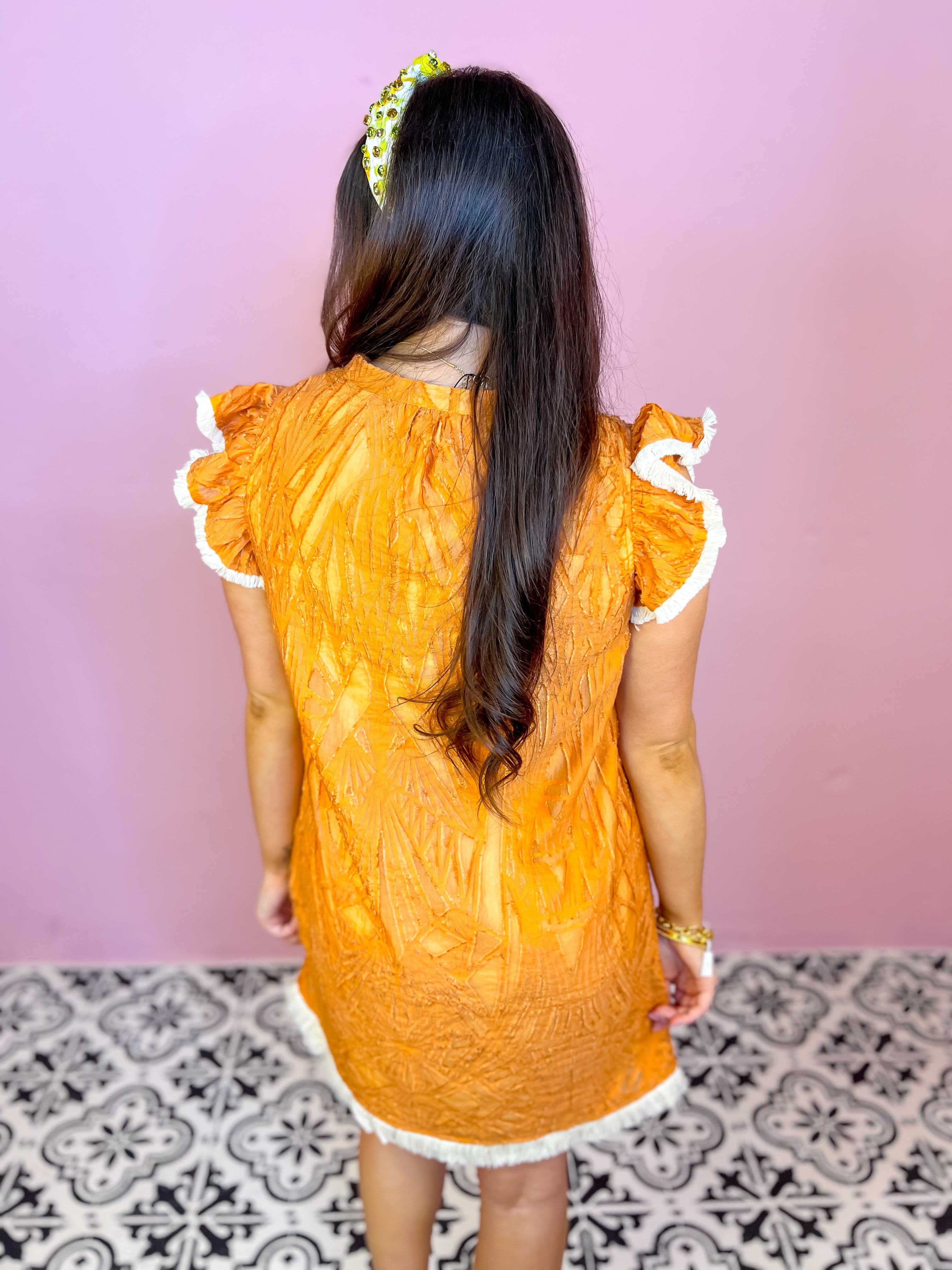 Fringe Detailed Burn Out Shift Dress- Orange
