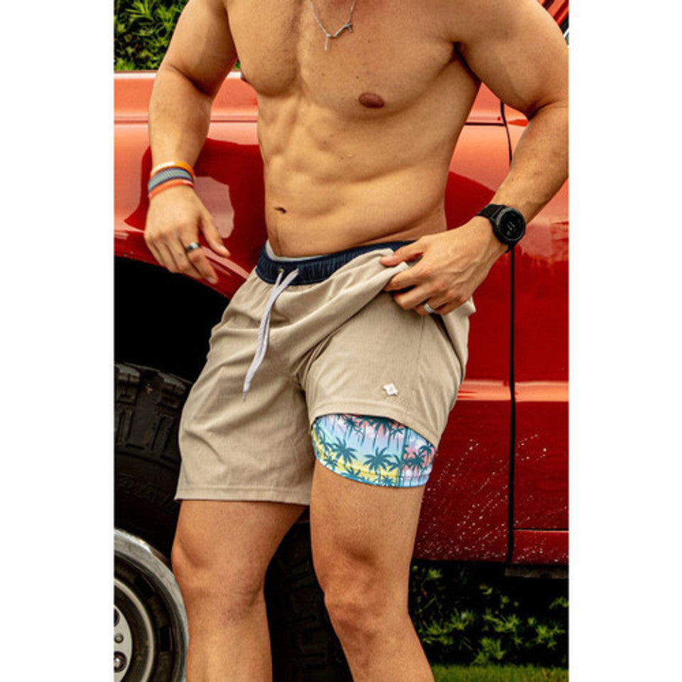 [Burlebo] Athletic Shorts Heather Khaki - Palm Tree Liner