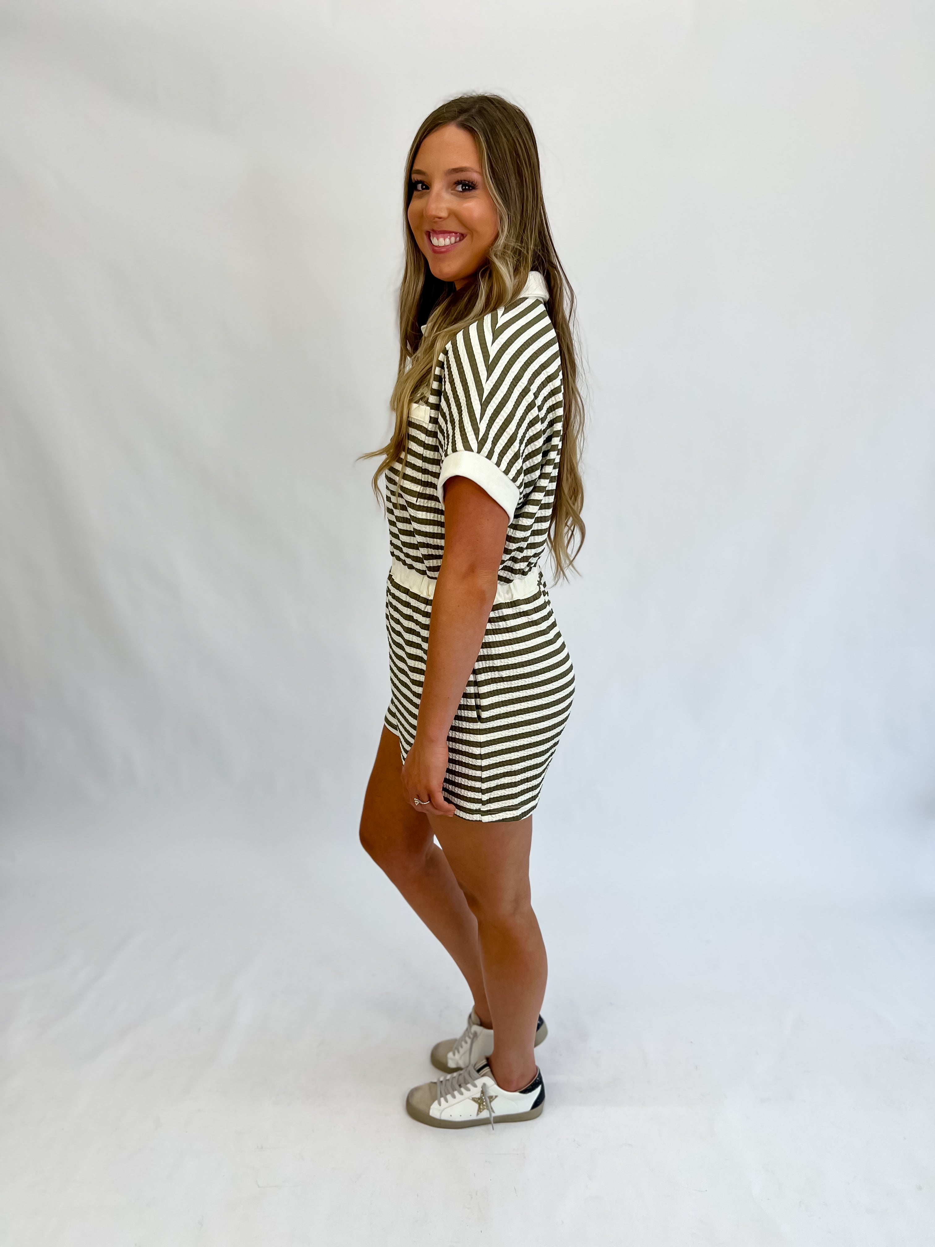 Too Cute Olive Striped Romper