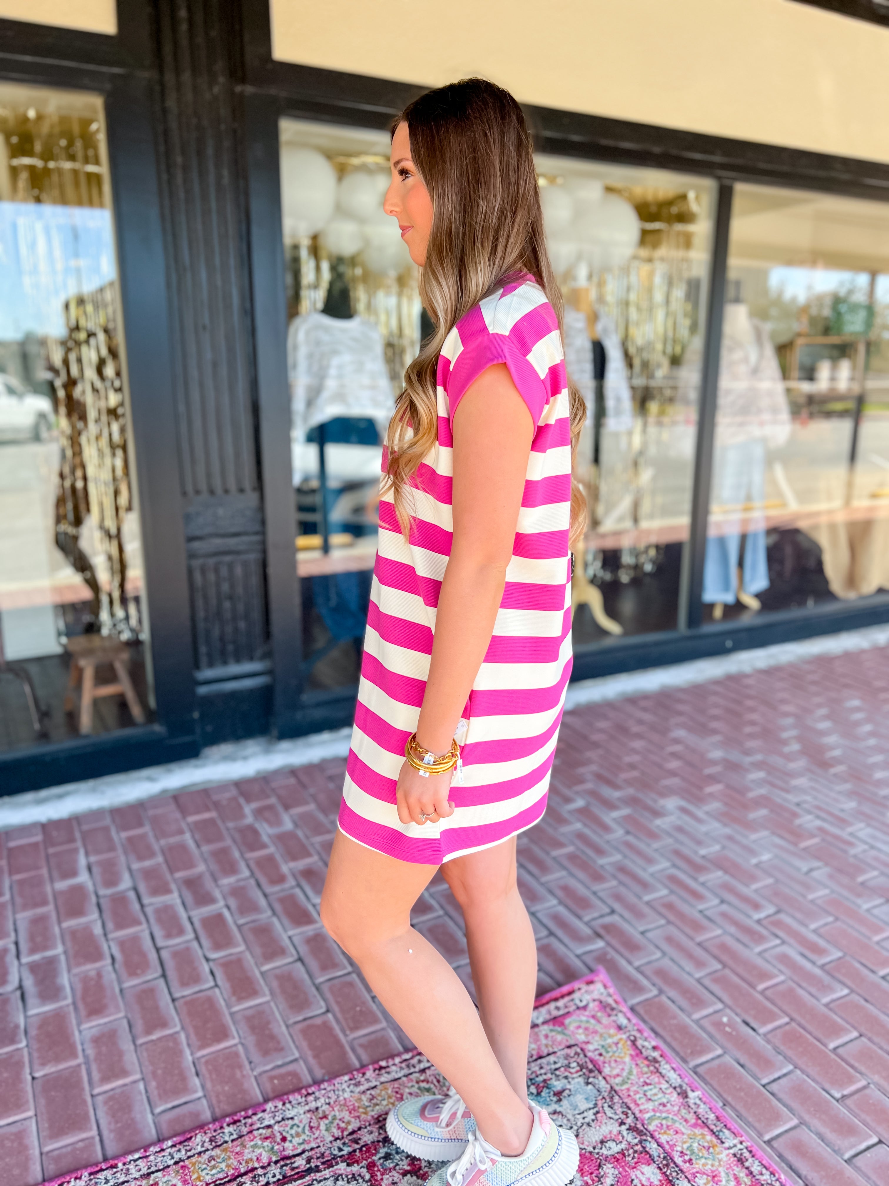 [entro] Stripped Sleeveless Mini Dress-Hot Pink