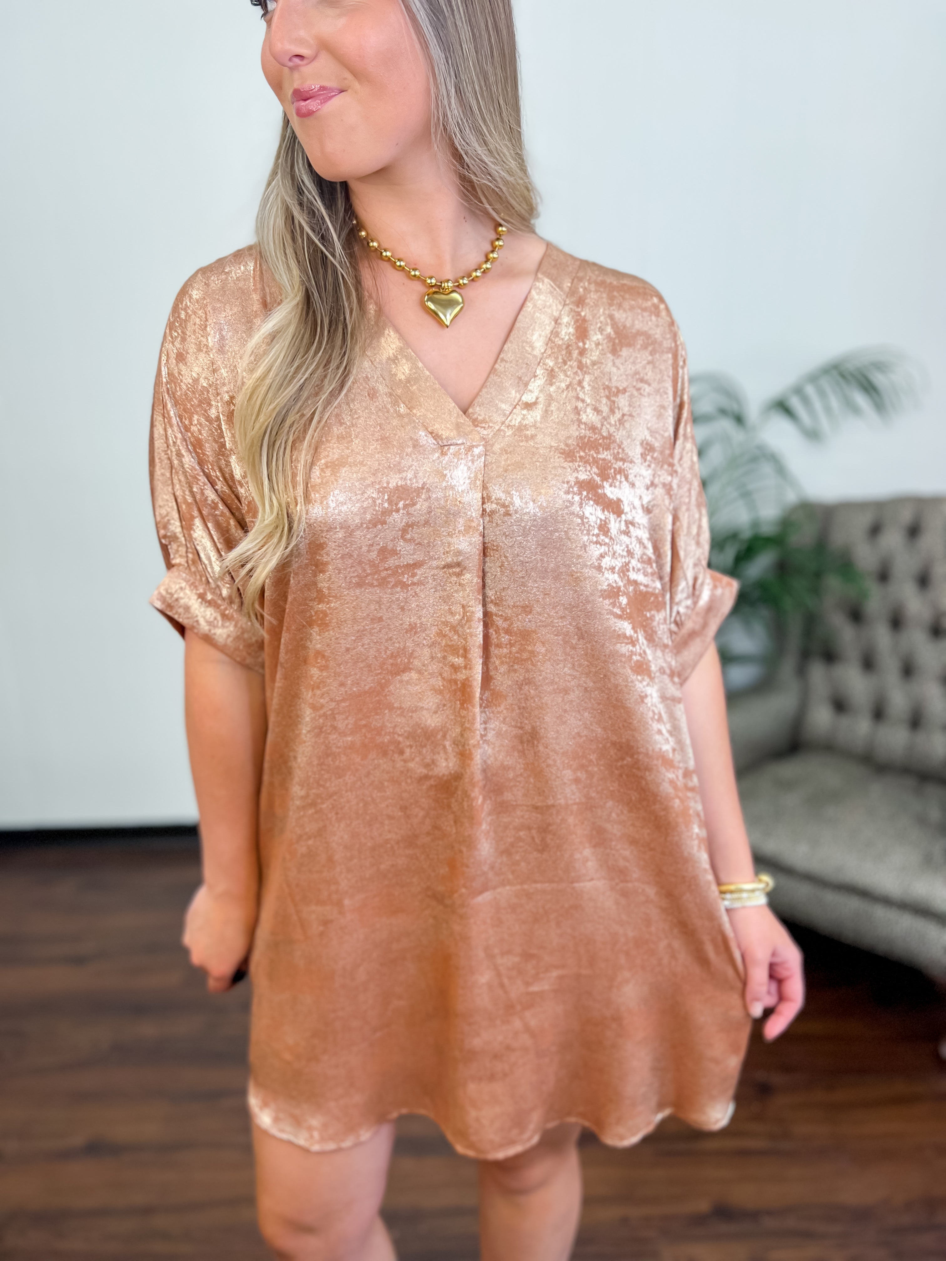 I Wanna Dance Metallic Dress-Caramel