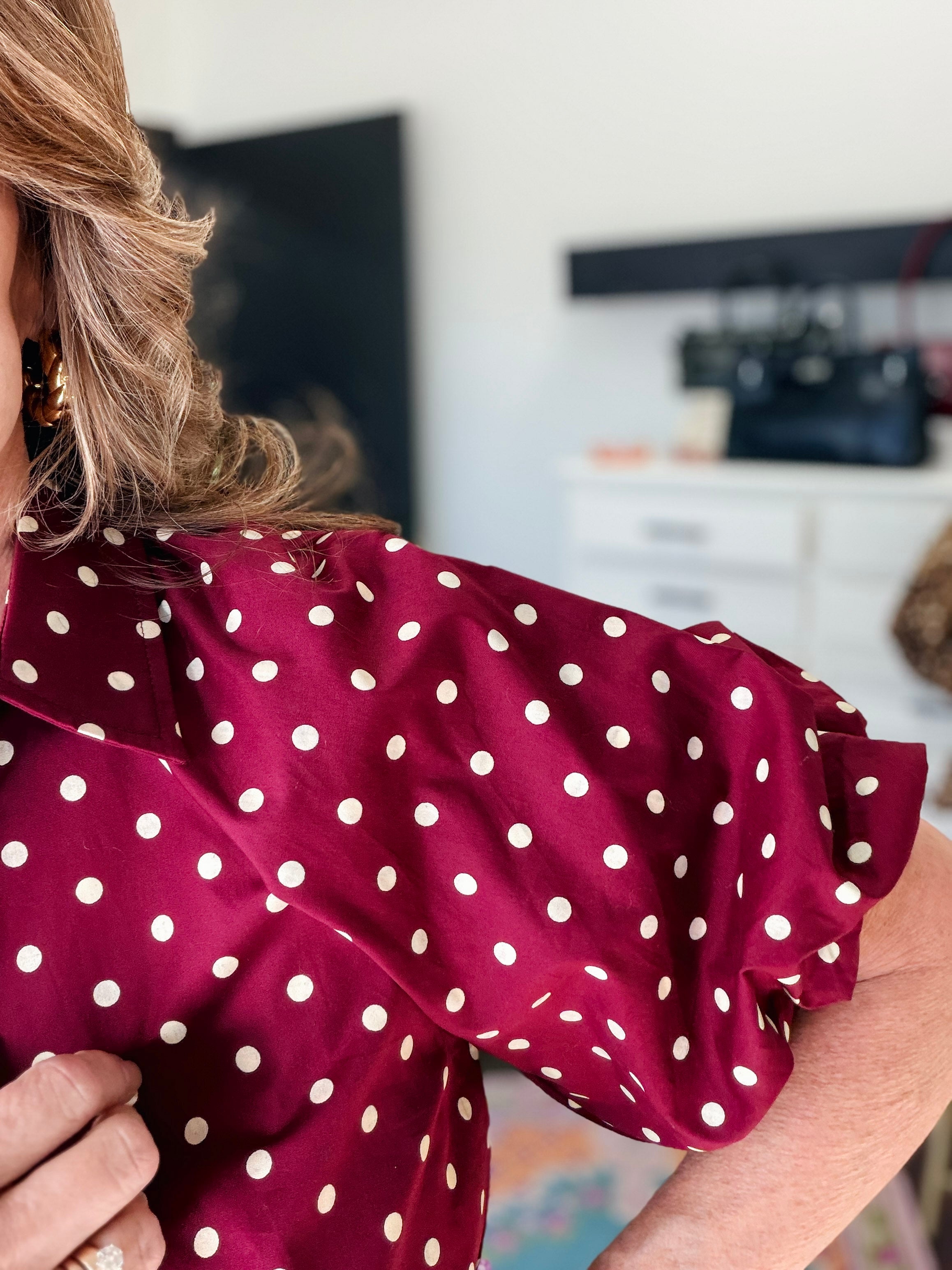 Polka Dot Puff Sleeve Top-Deep Wine