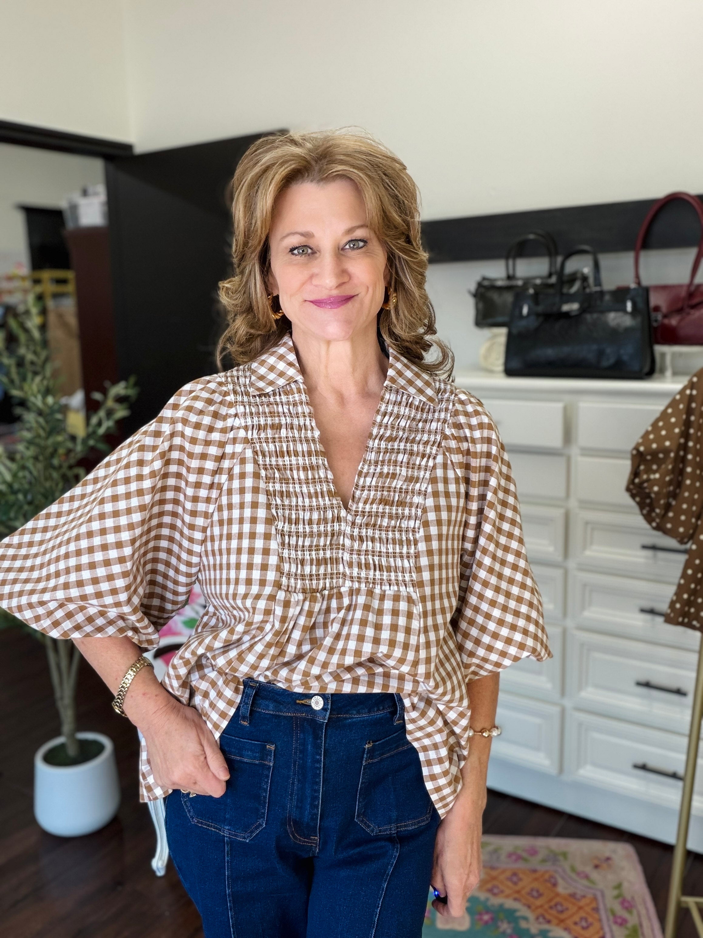 The Ruth Gingham Blouse-Brown