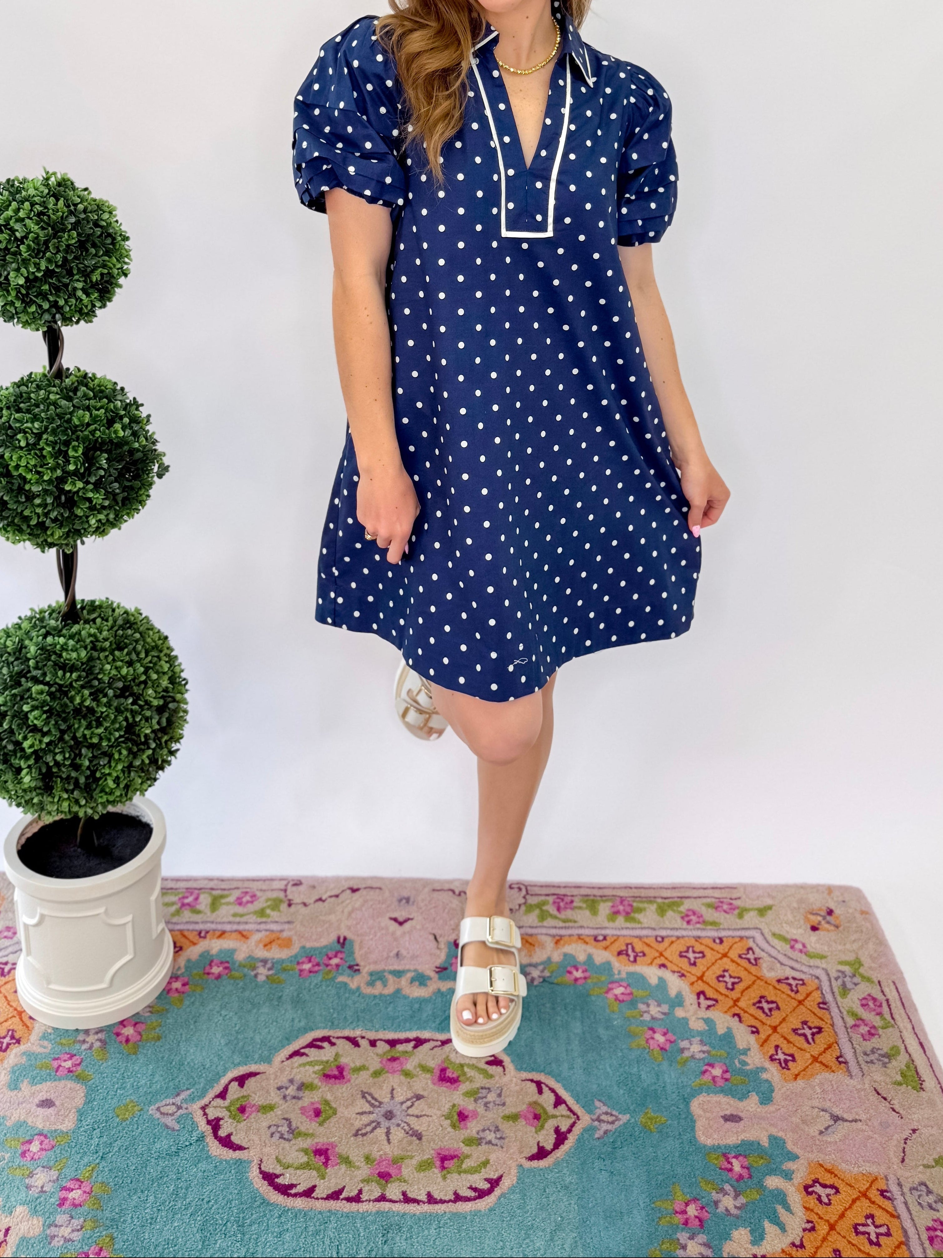 Melody Polka Dot Puff Sleeve Dress - Navy