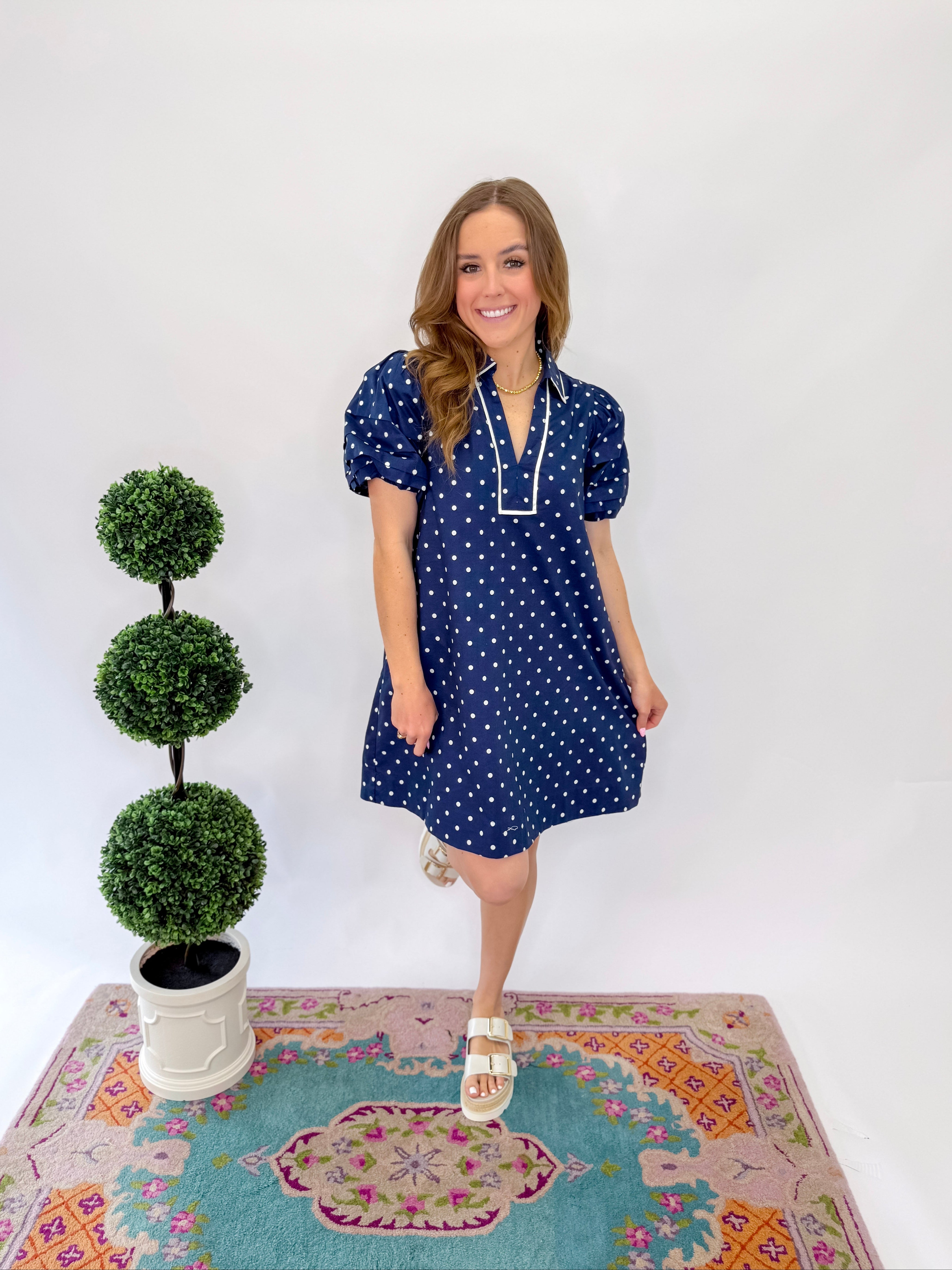 Melody Polka Dot Puff Sleeve Dress - Navy