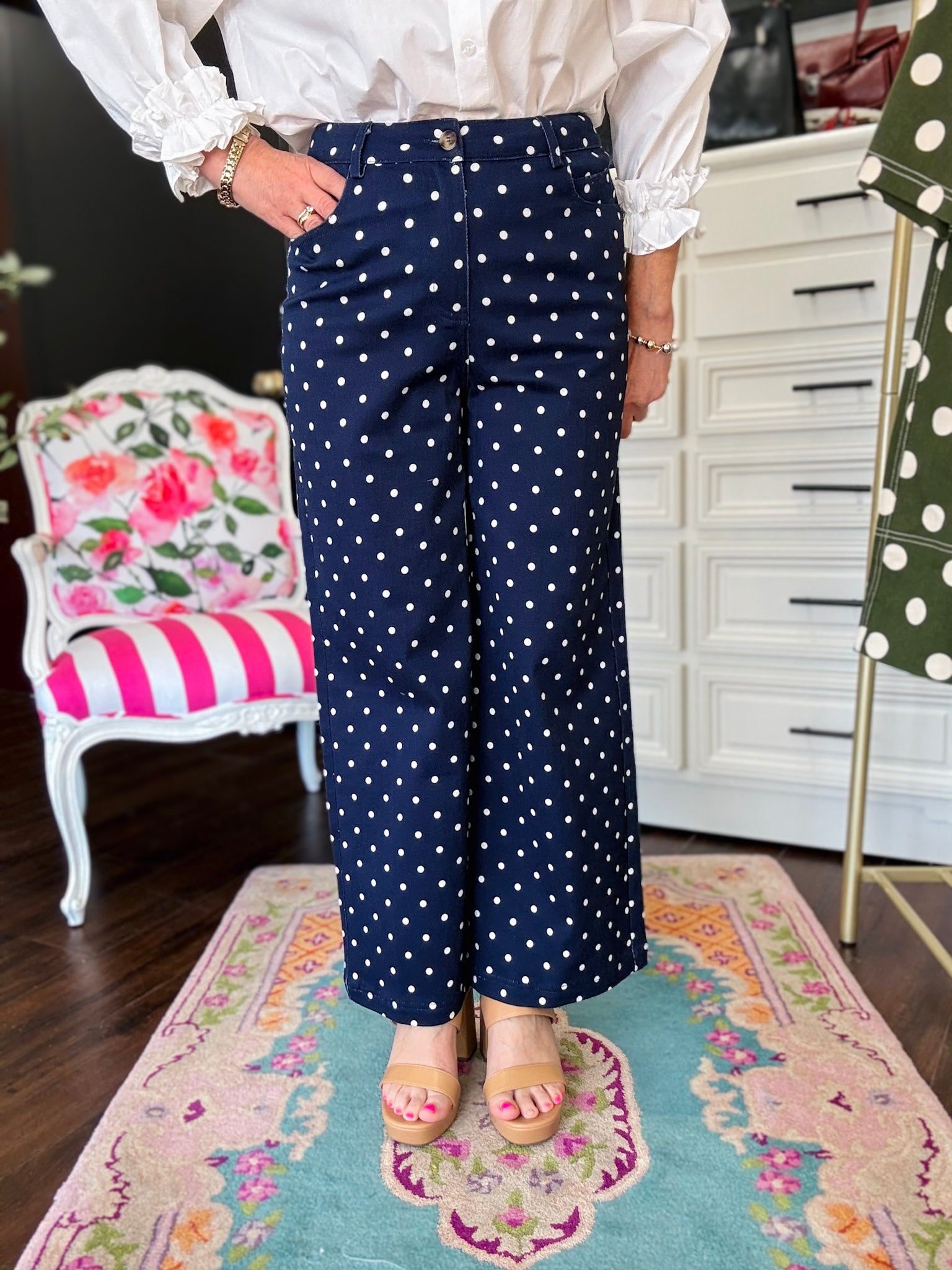 Wide Leg Cropped Pant Navy Polka Dot - Navy