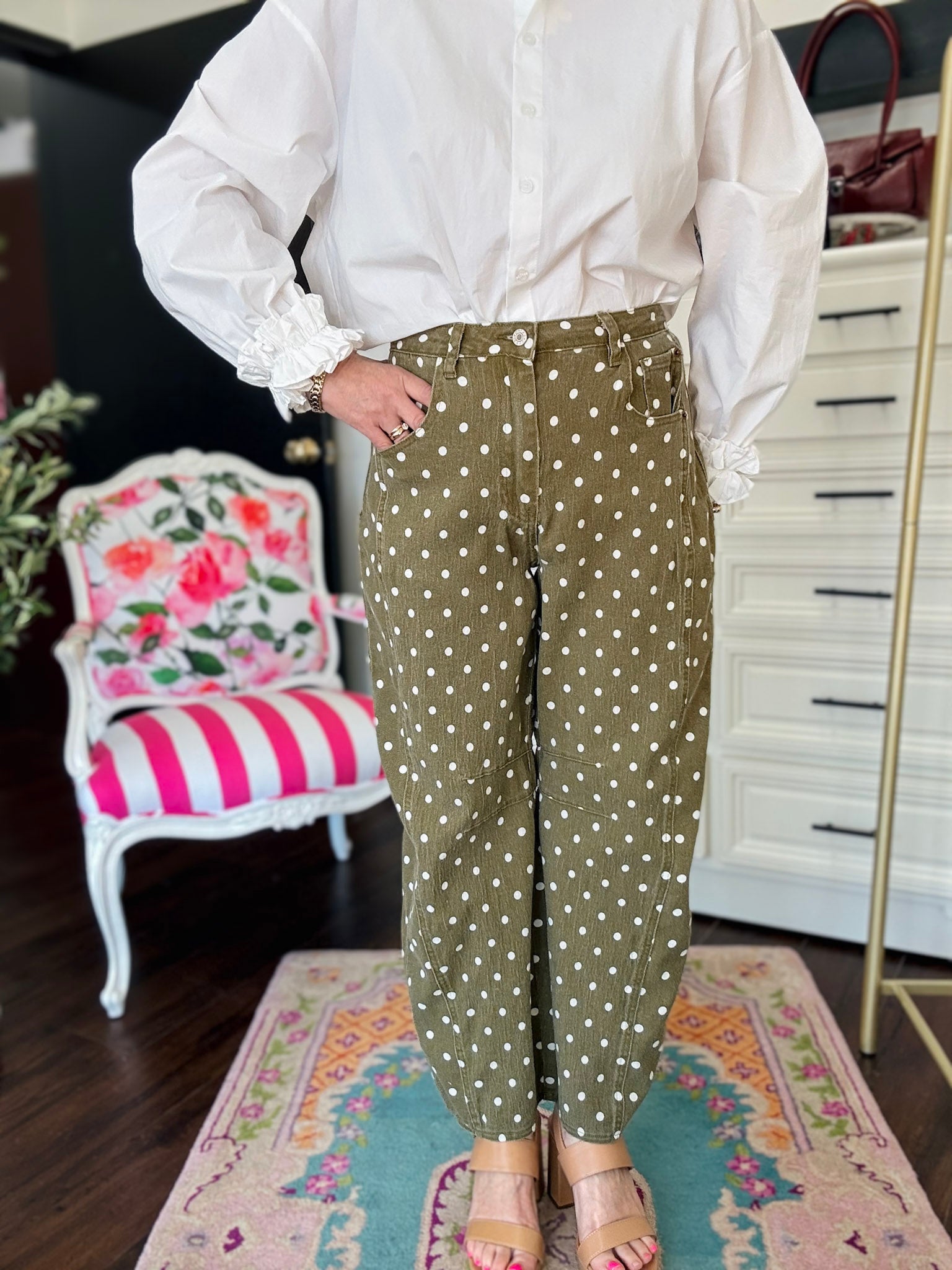 Polkadot Cropped Pant -Olive