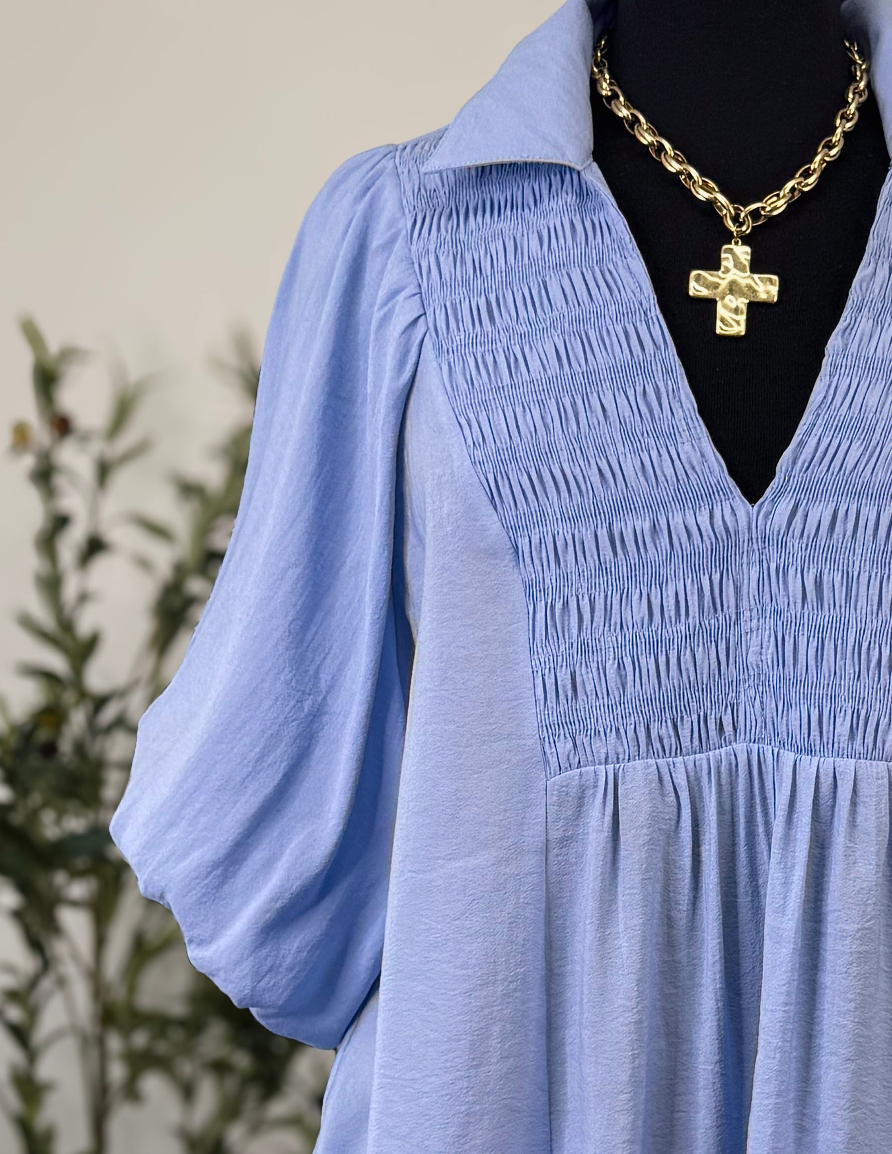 Smocked Bubble Sleeve Top-Plus-Peri Blue