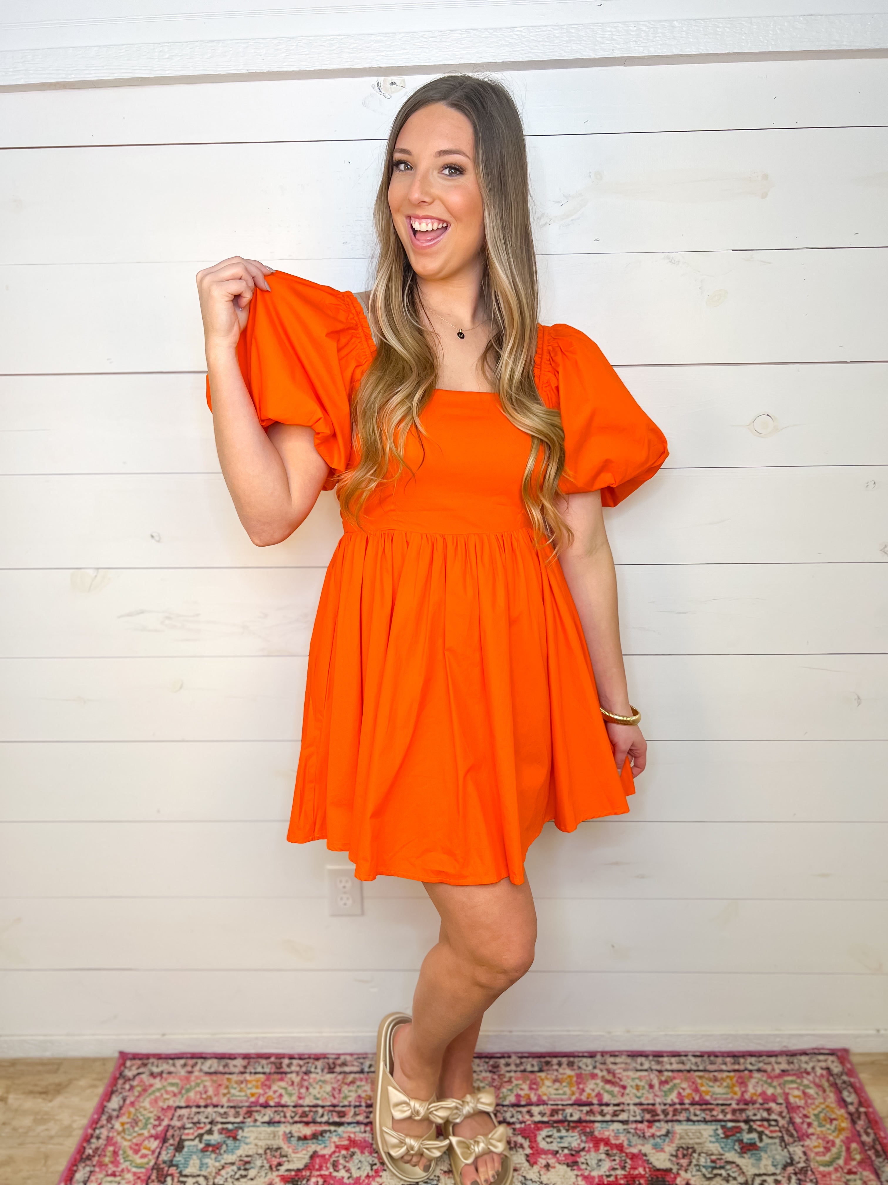Sweet Orange Puff Sleeve Dress