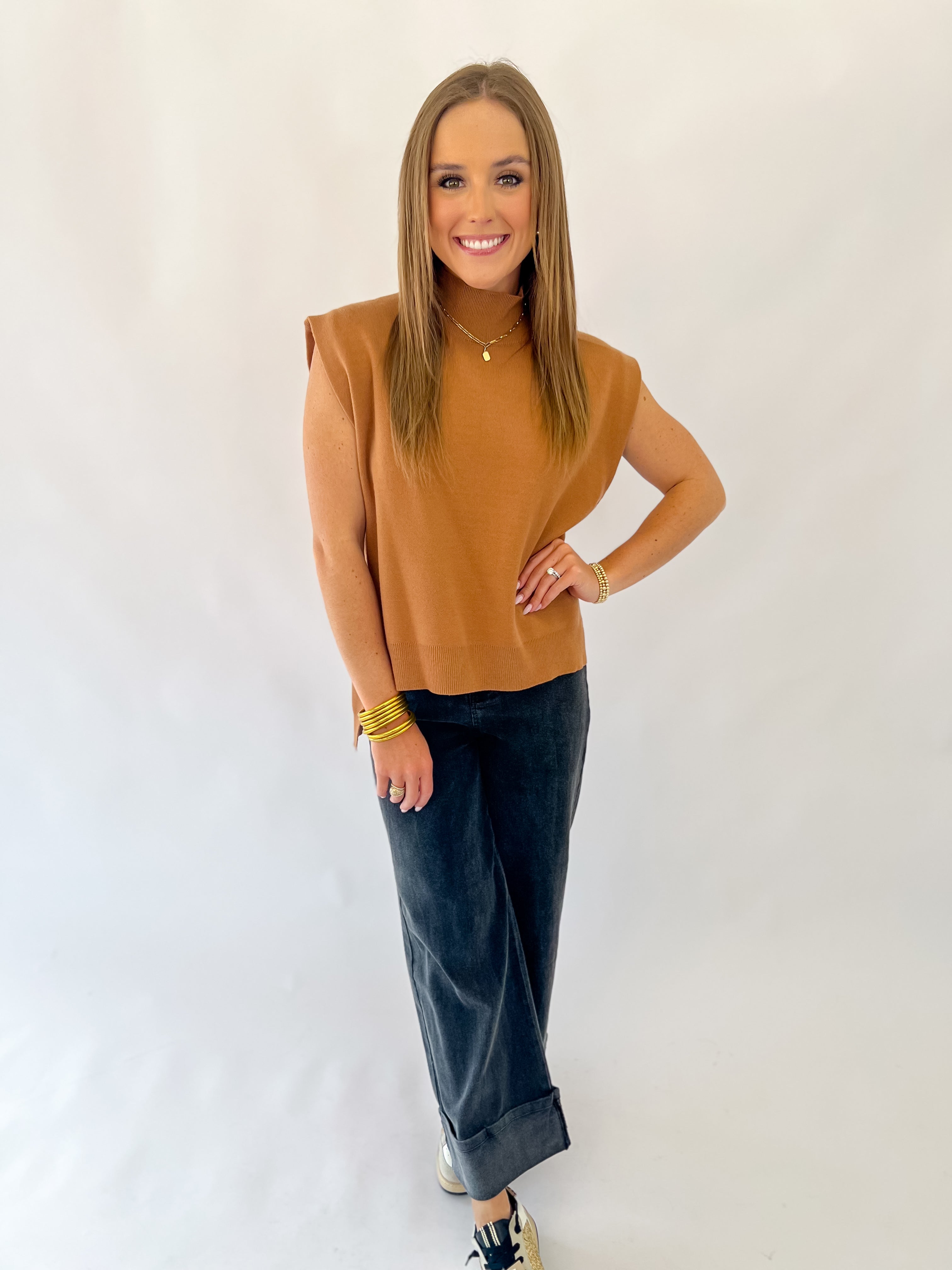 Fall Harvest Hue Mock Neck Muscle Sleeve Knit Top-Camel