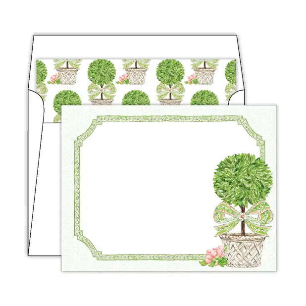 Garden Party Topiary with Green & Coral Bow Folded Note