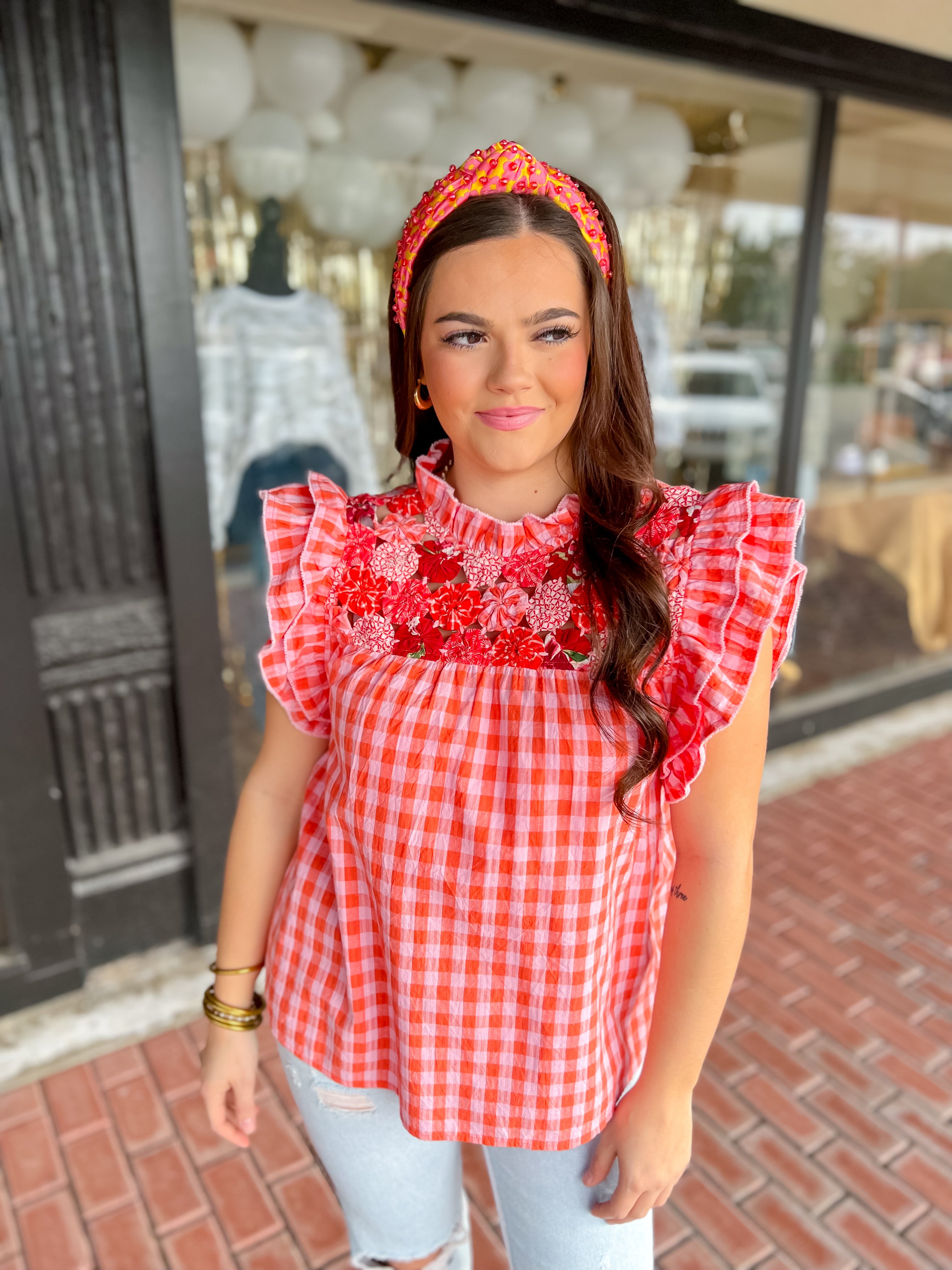 {THML} May Flutter Sleeve Gingham Top