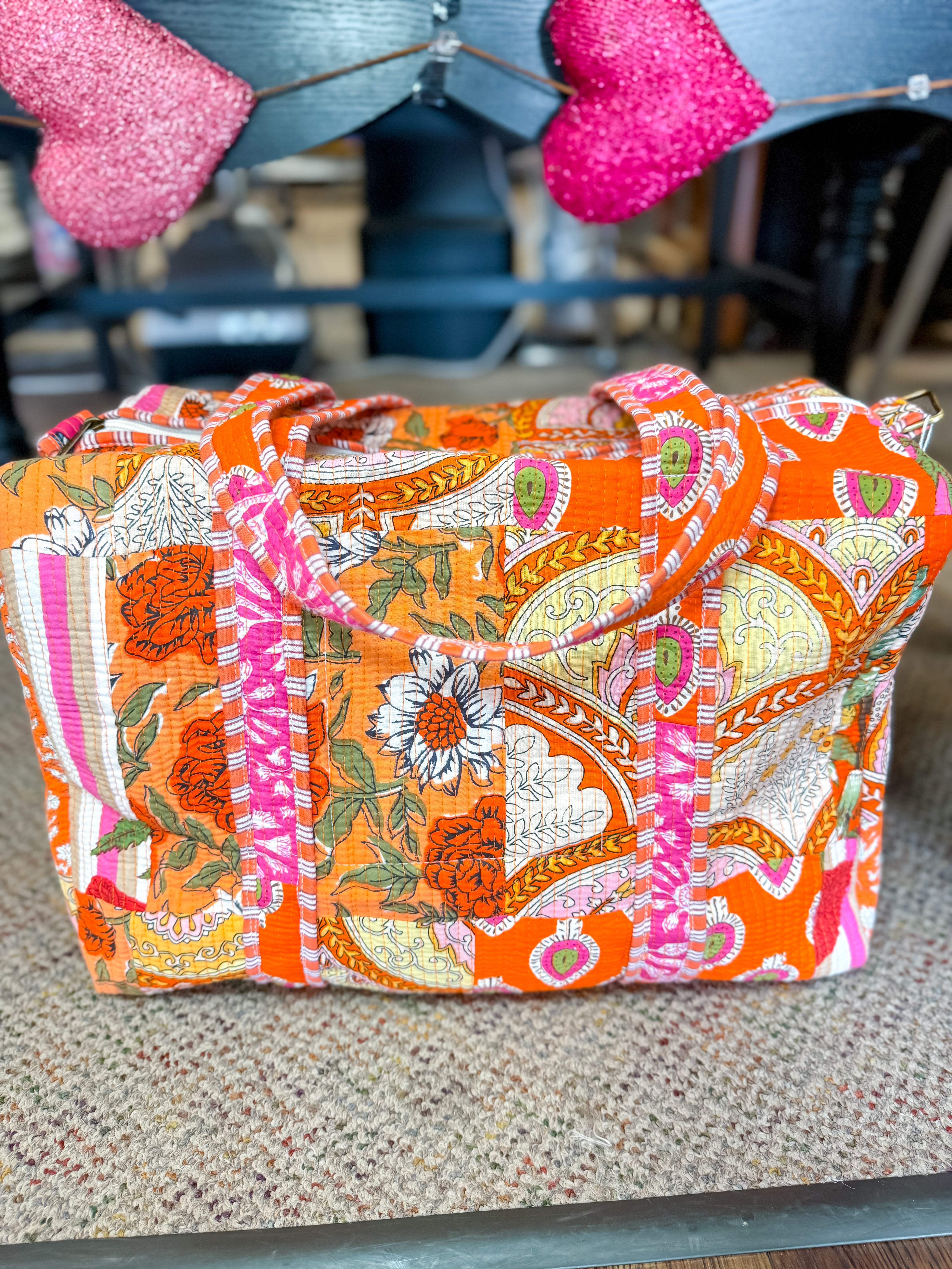 Sunset Flora Quilted Duffle Bag - Orange