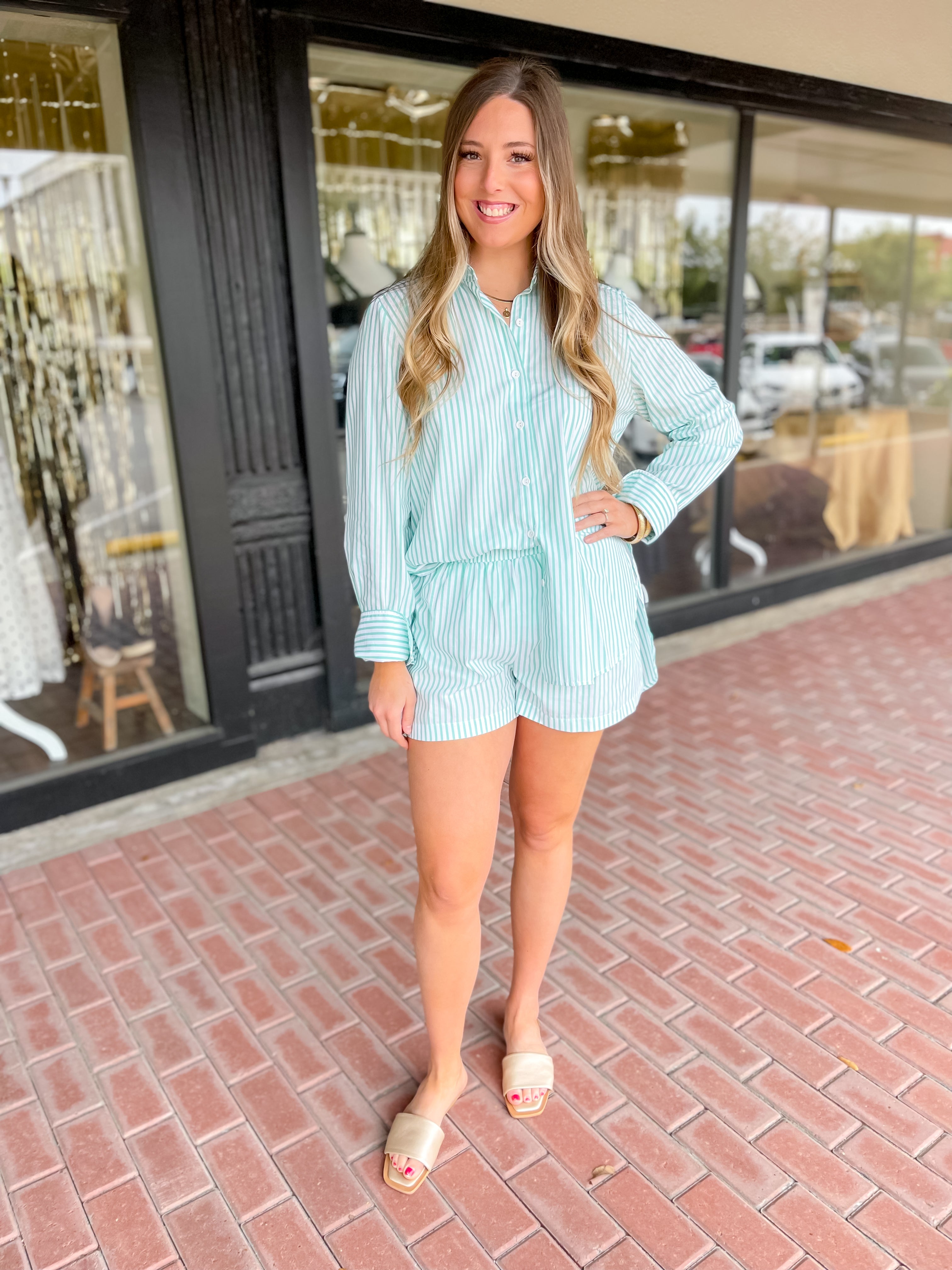 Kelly Green Striped Button Down Top