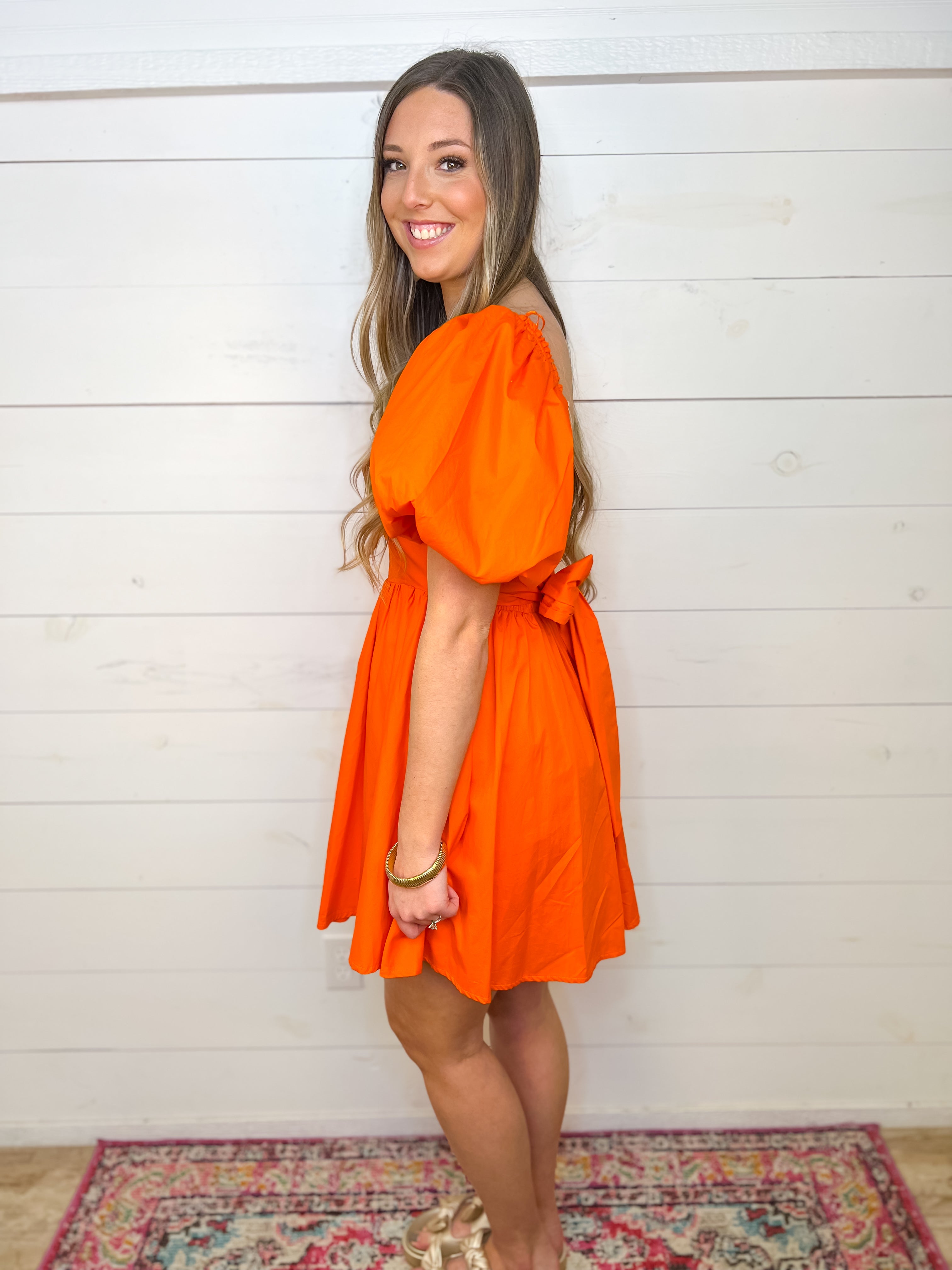 Sweet Orange Puff Sleeve Dress