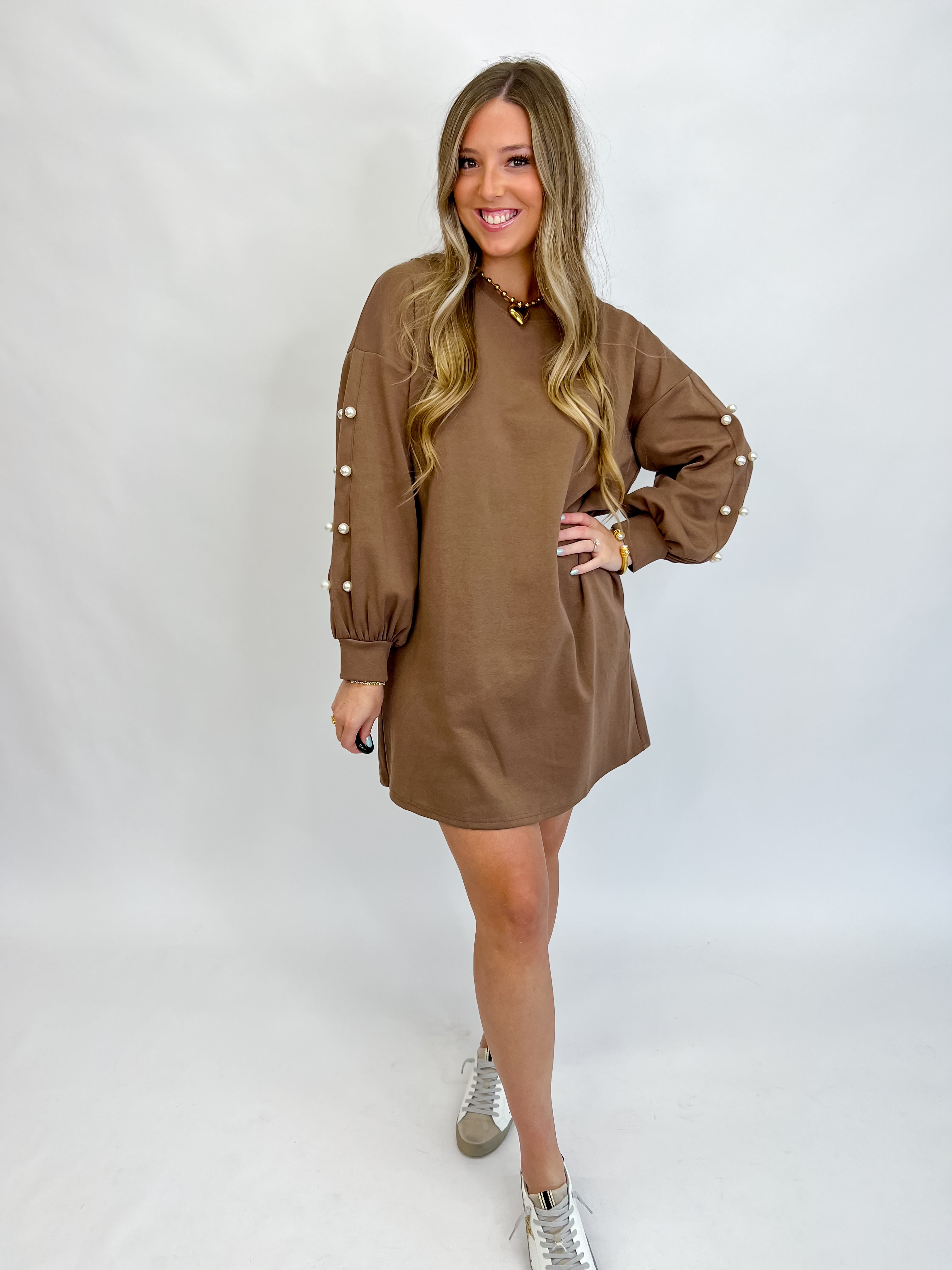 [Entro] Fall in Love Pearl Mini Dress-Mocha