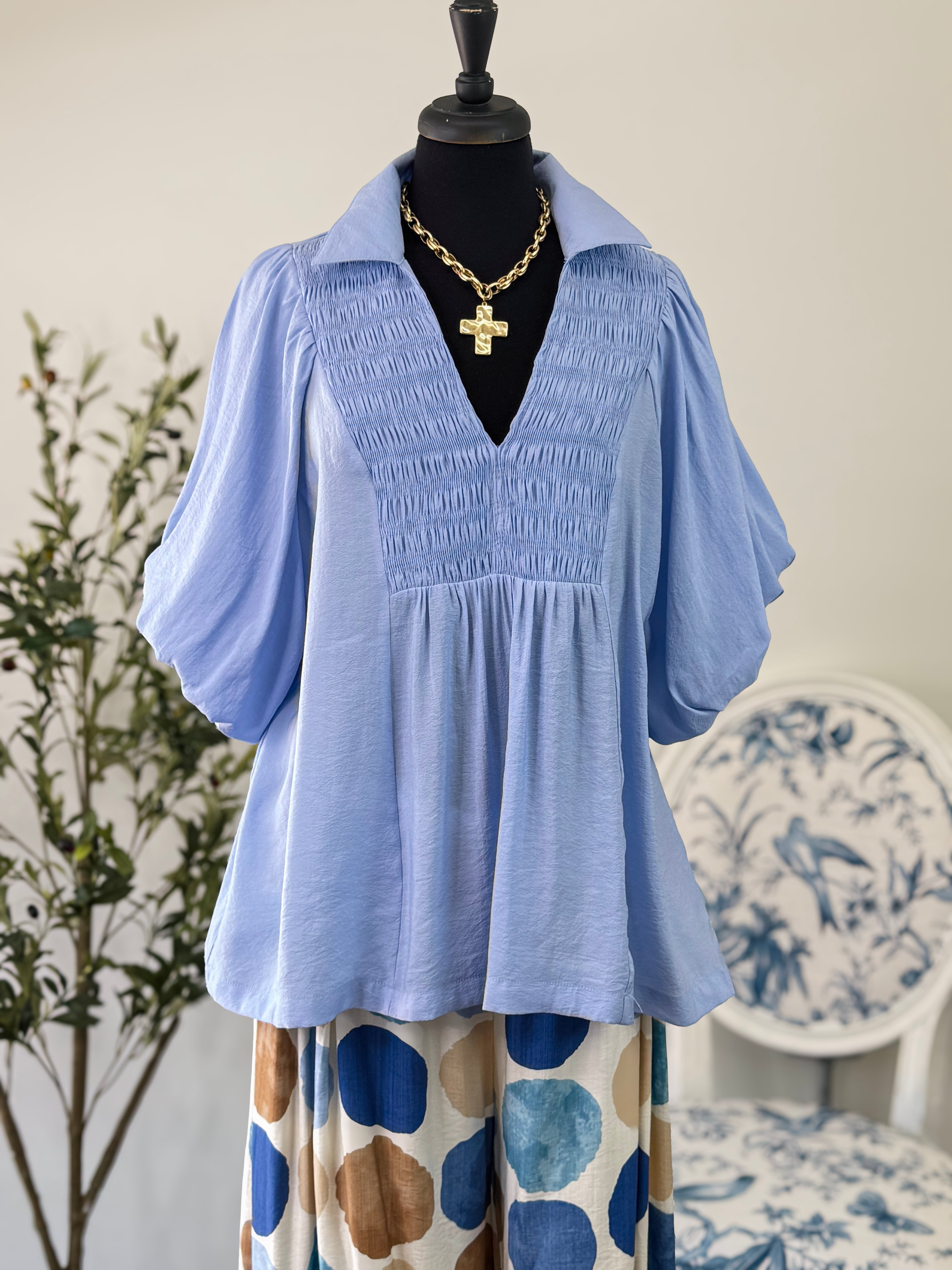 Smocked Bubble Sleeve Top-Plus-Peri Blue
