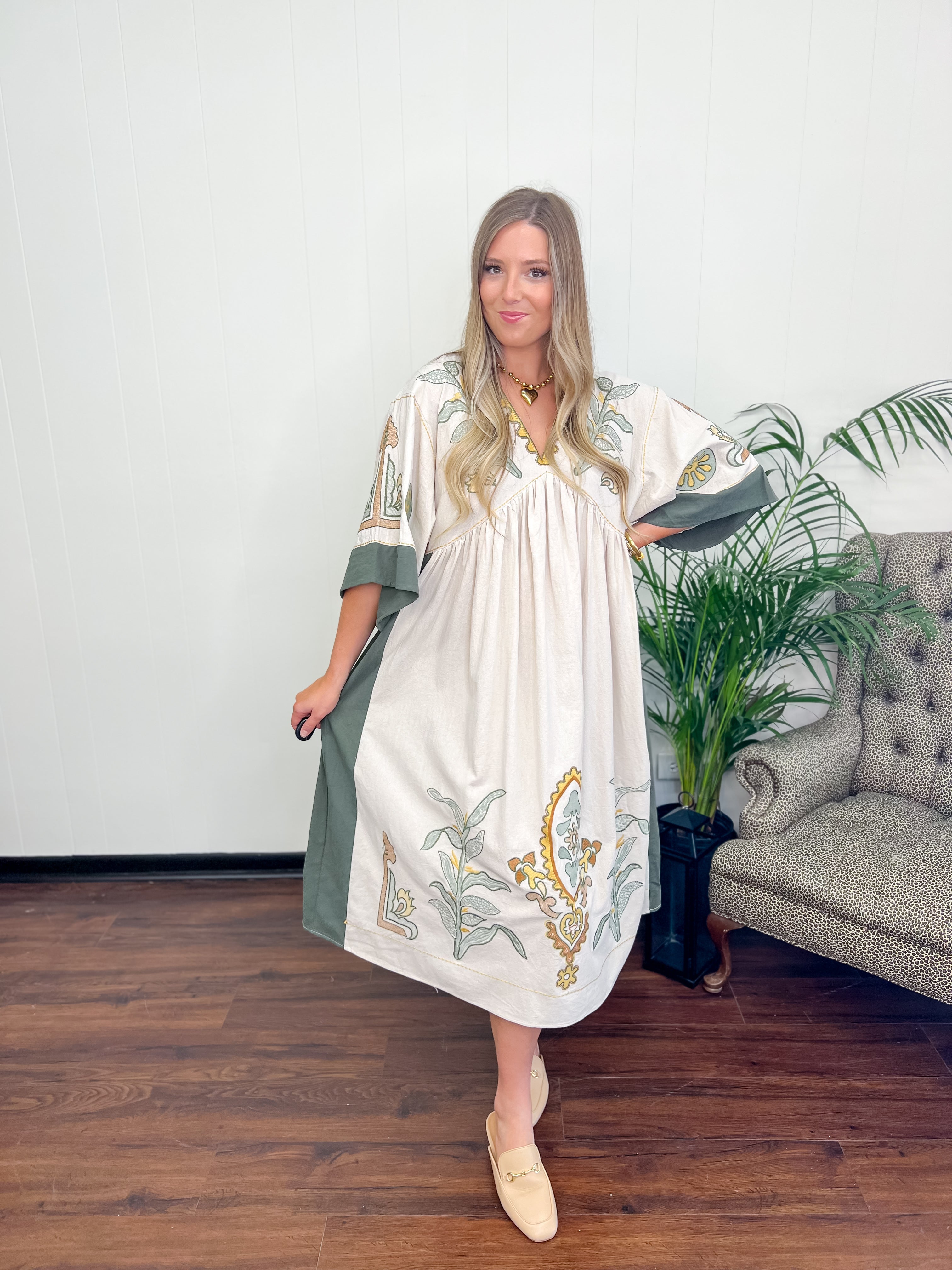 Josephine Long Embroidered  Dress- Olive