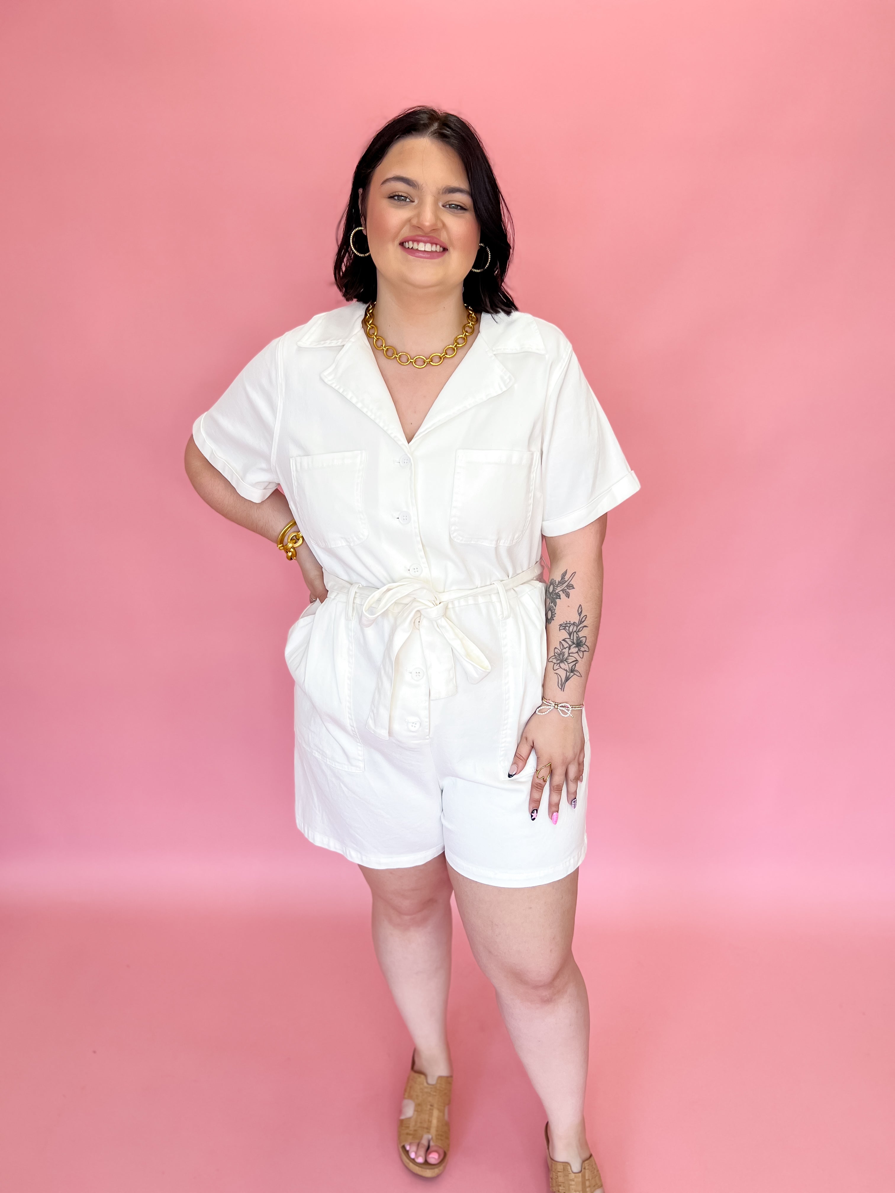 [Plus Size] Carefree Days Washed Romper-White