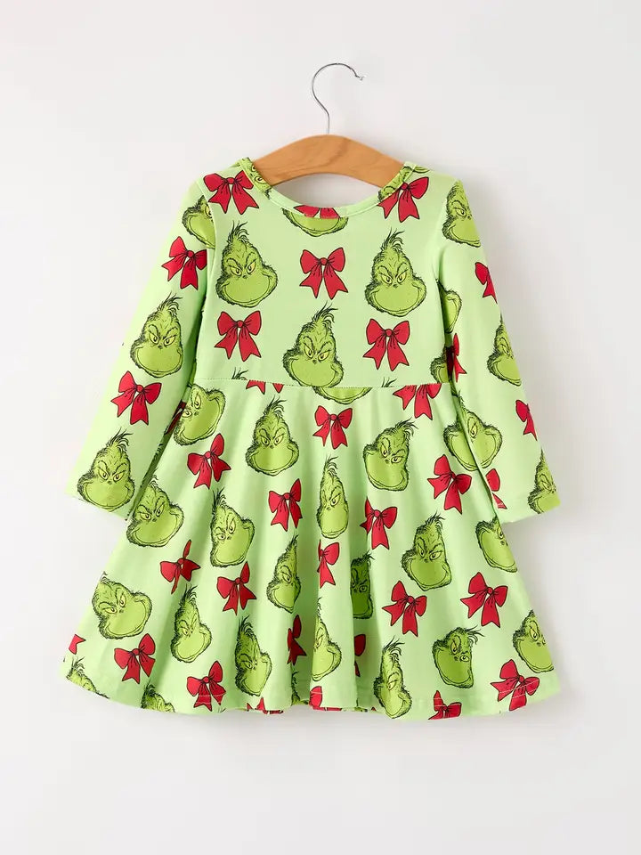 Girls Christmas Tree Bow Character Print Green