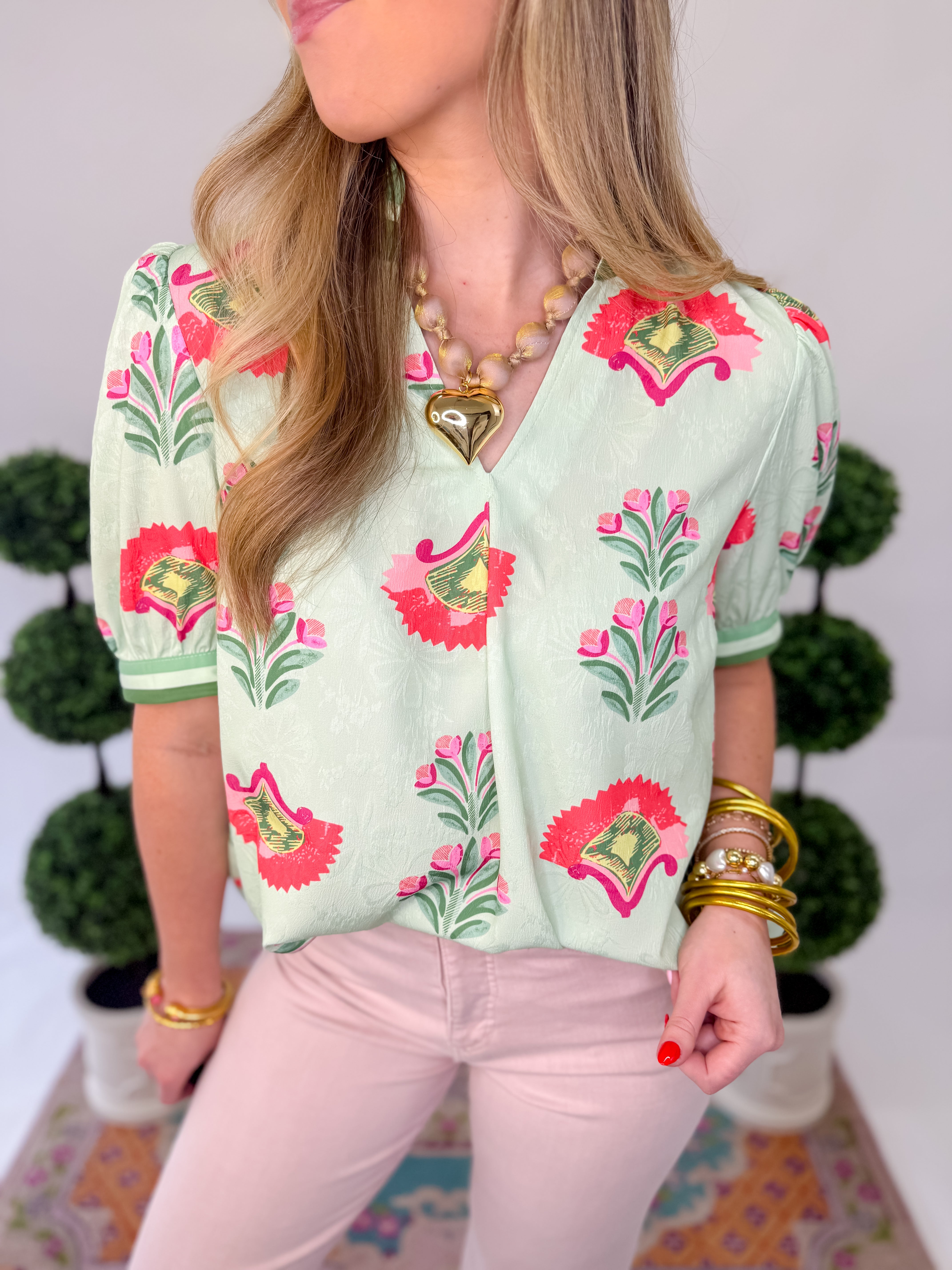 Pretty In Petals Ruffle Neck Top - Lt Sage