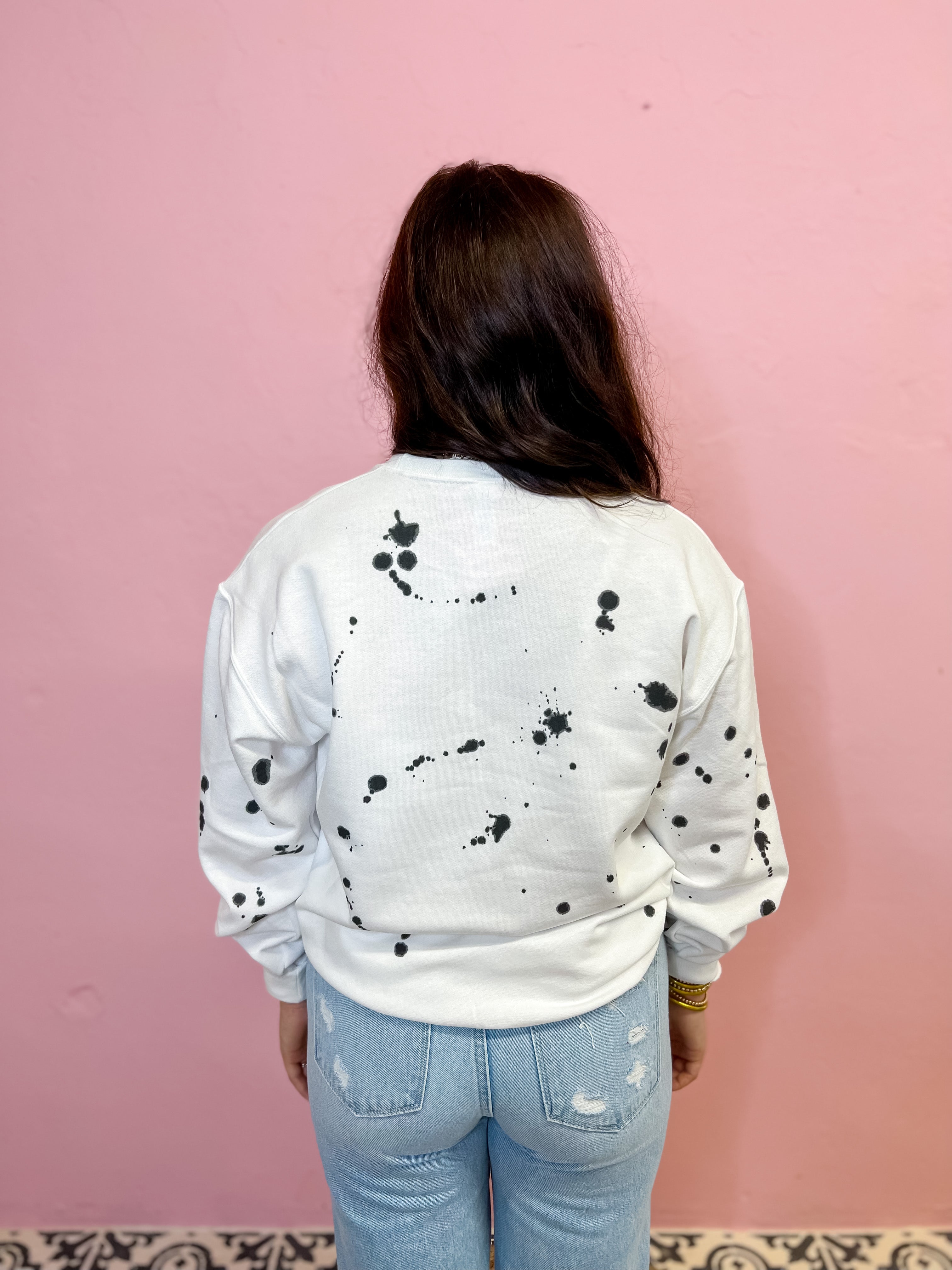 Spooky Vibes White Sweater With/Black Paint Splatter