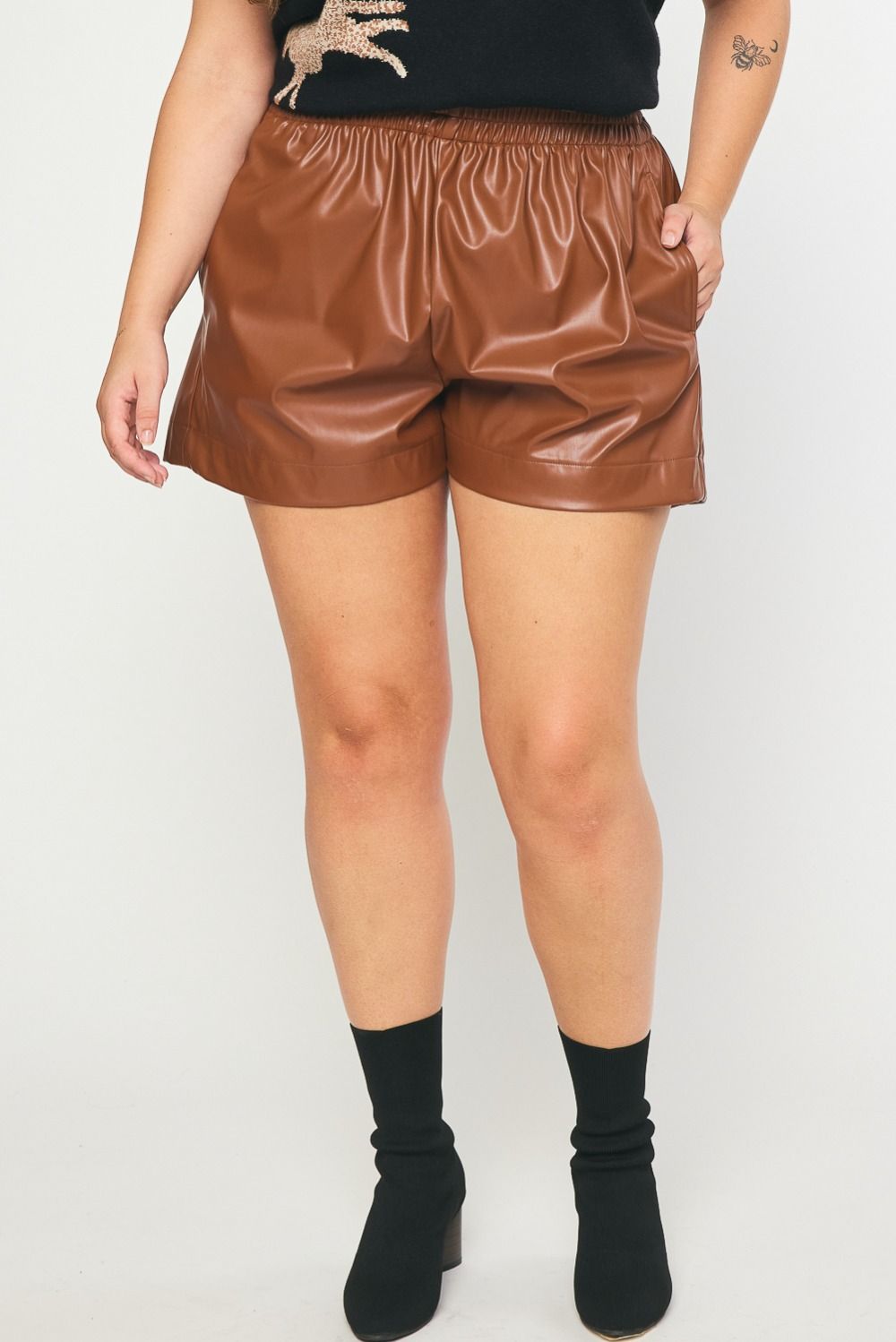 Plus Size-When In Doubt Faux Leather Shorts-Walnut