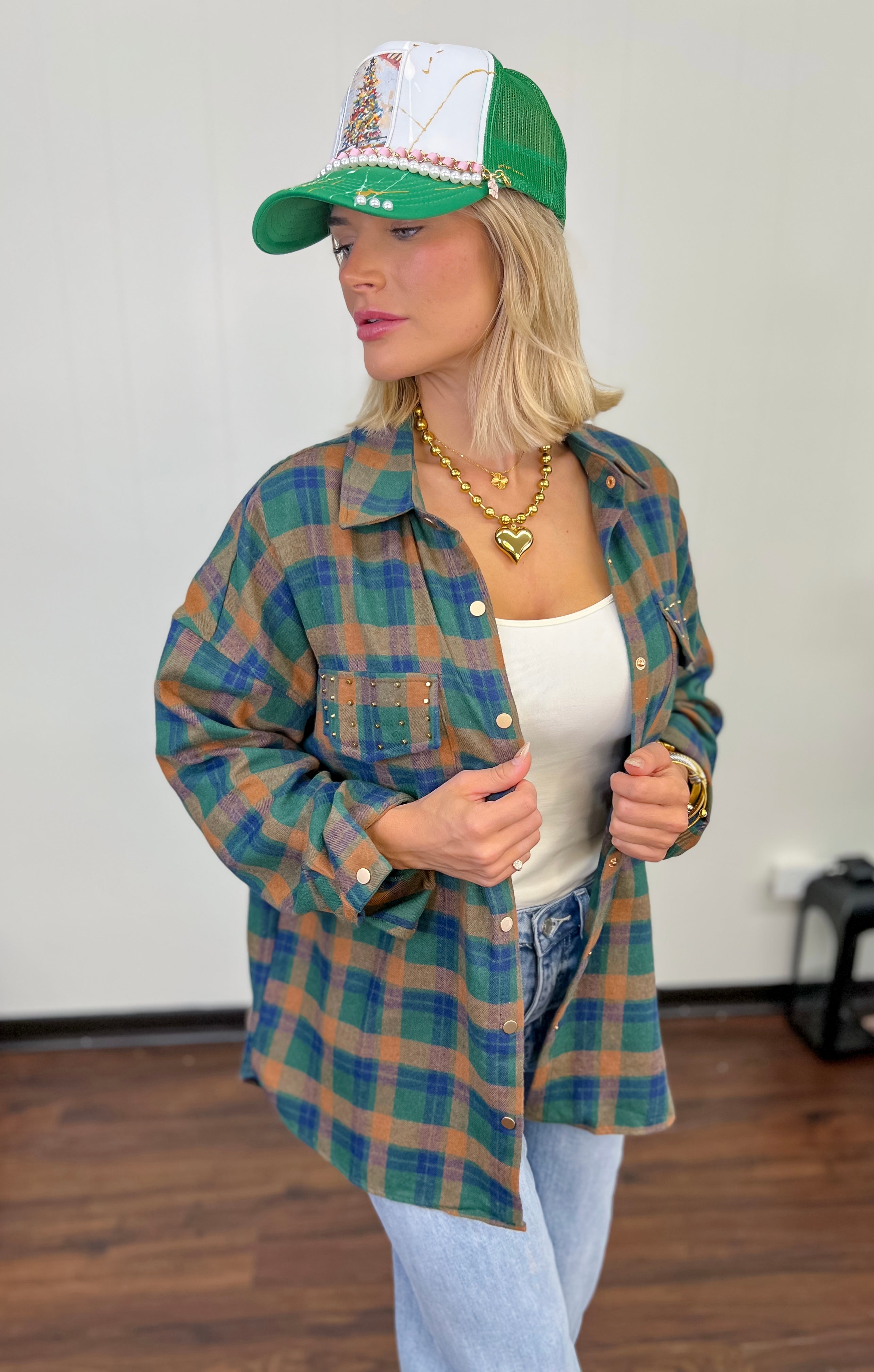 Flannel Fling Button Up Top - H. Green