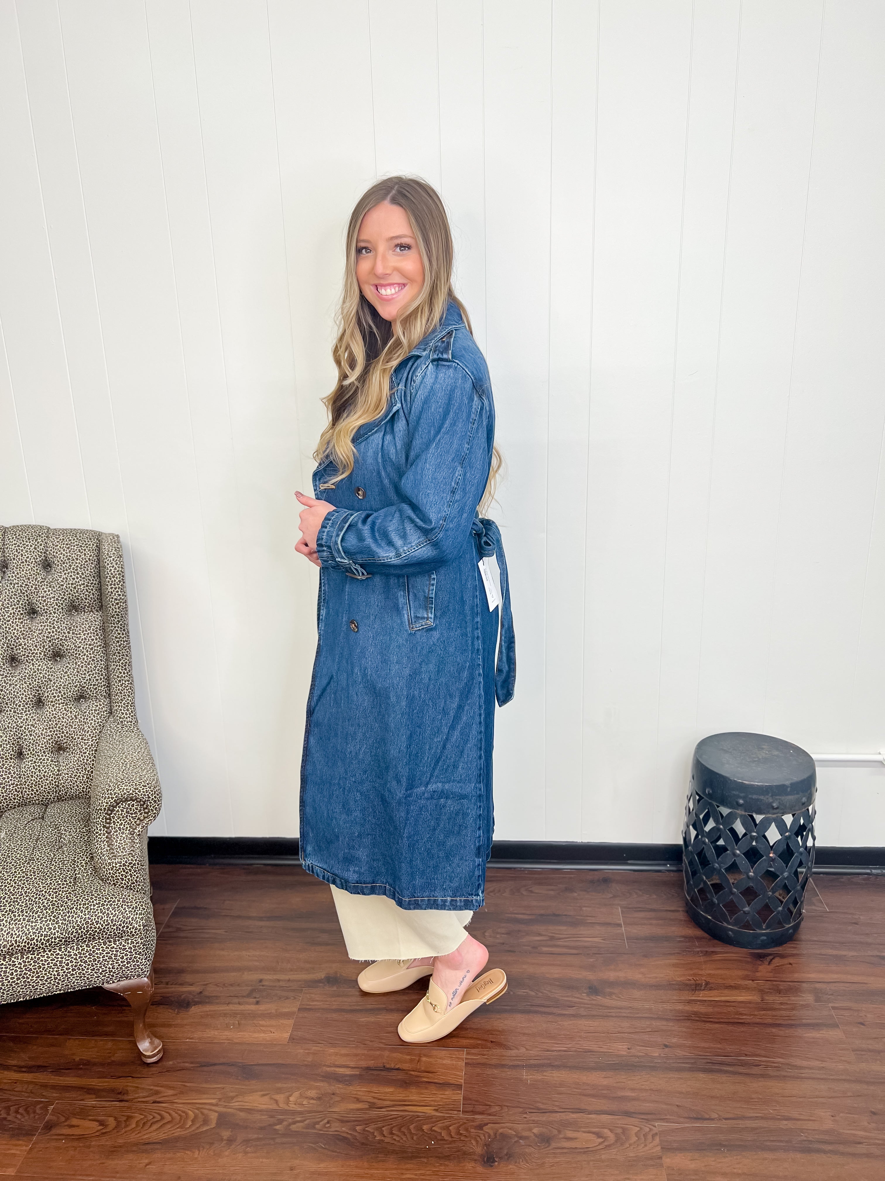 Downtown Denim Long Trench Coat