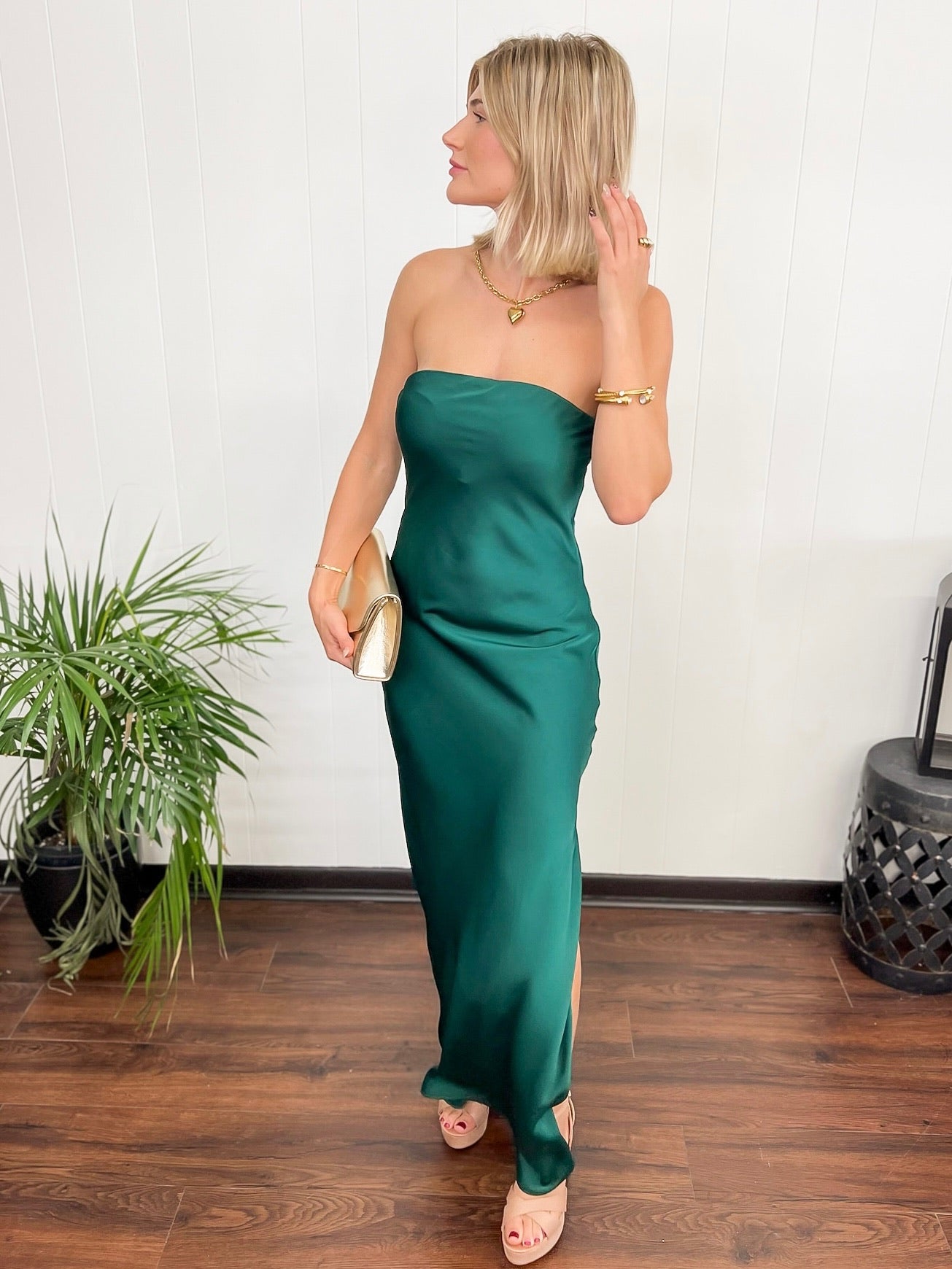 Going Out Strapless Bias Cut Maxi Dress-Hunter Green