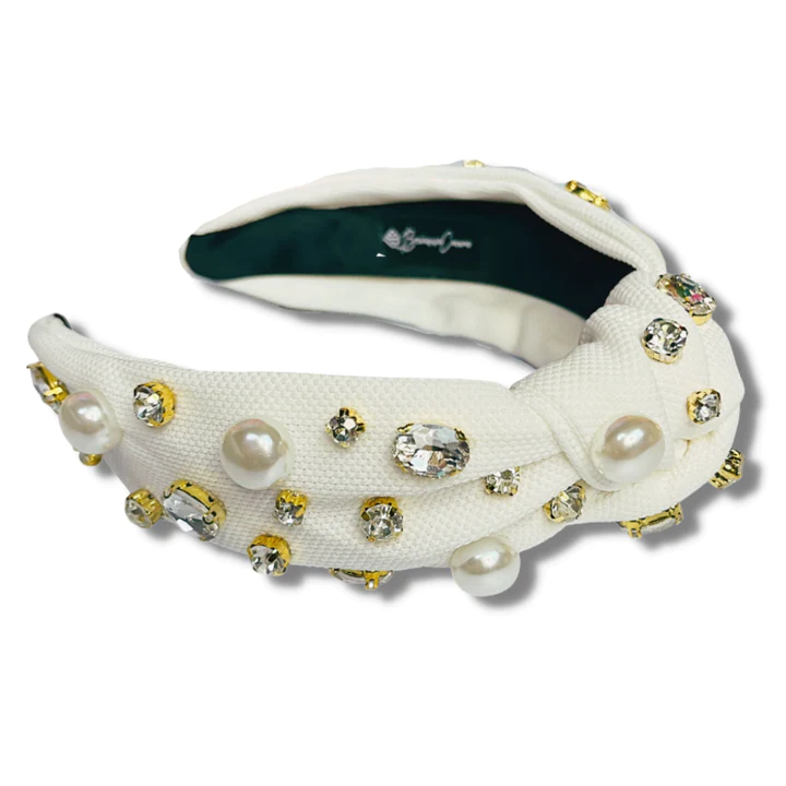 White Twill Headband With Large Crystals And Pearls