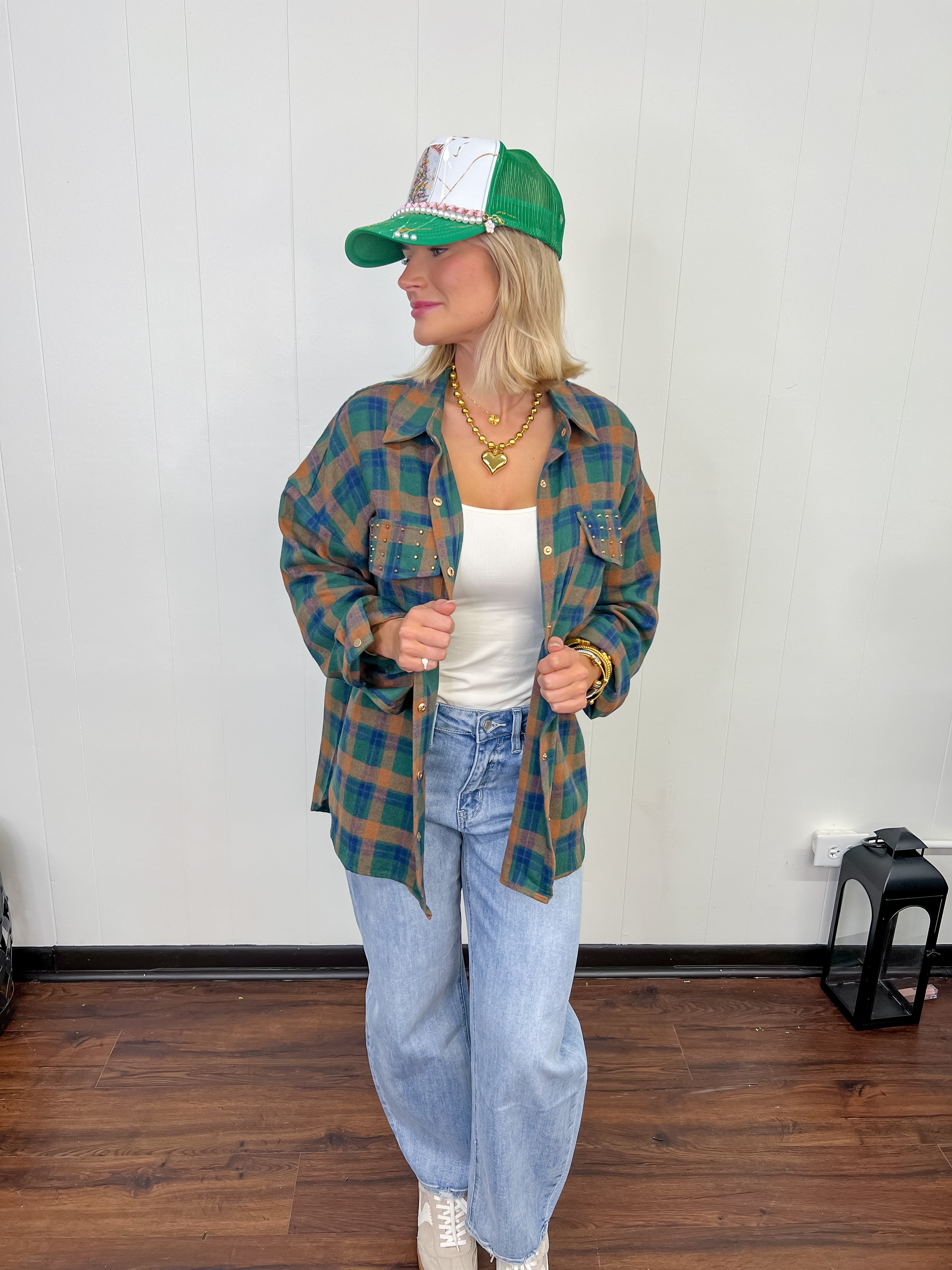 Flannel Fling Button Up Top - H. Green