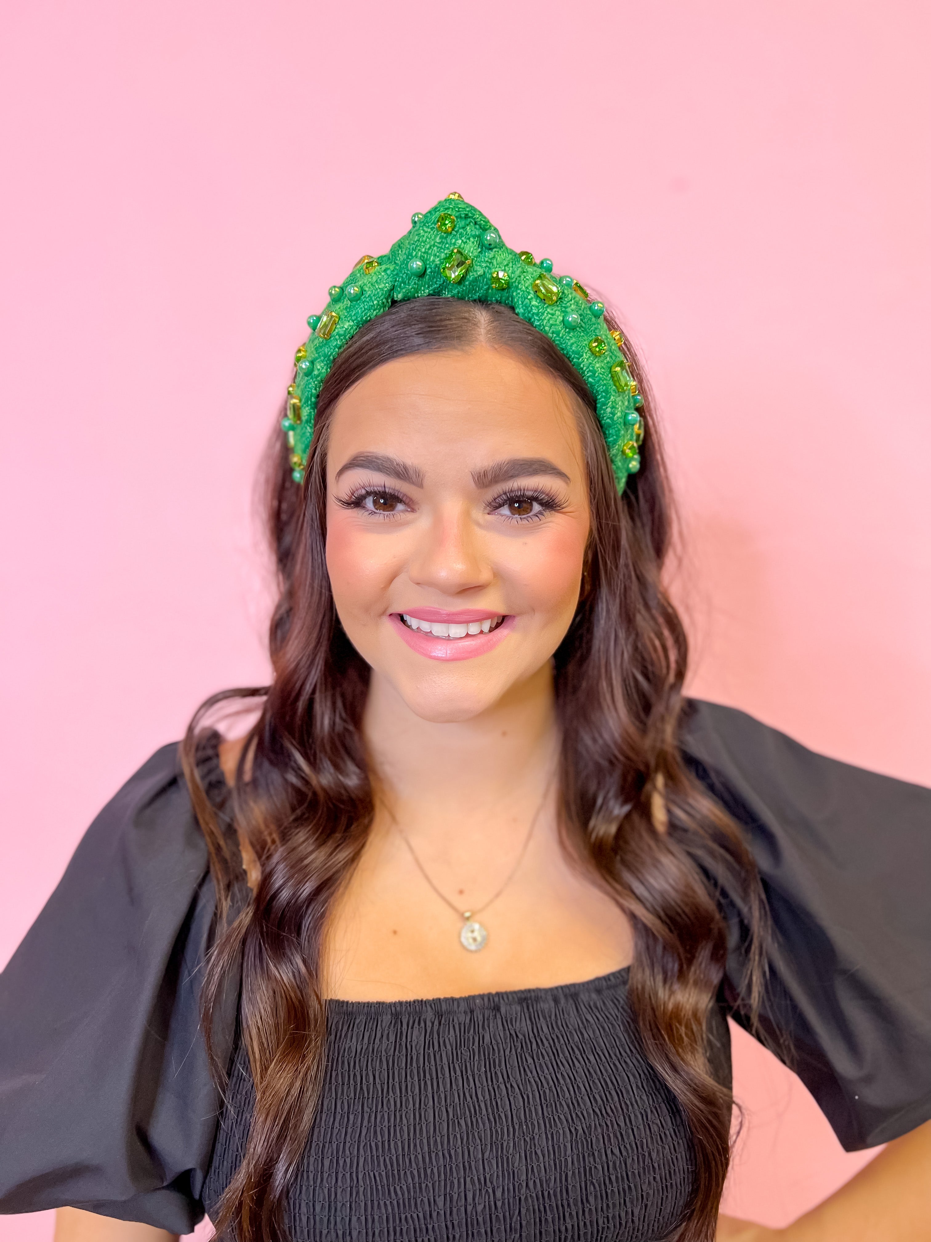 Green Knit Headband with Crystals & Pearls