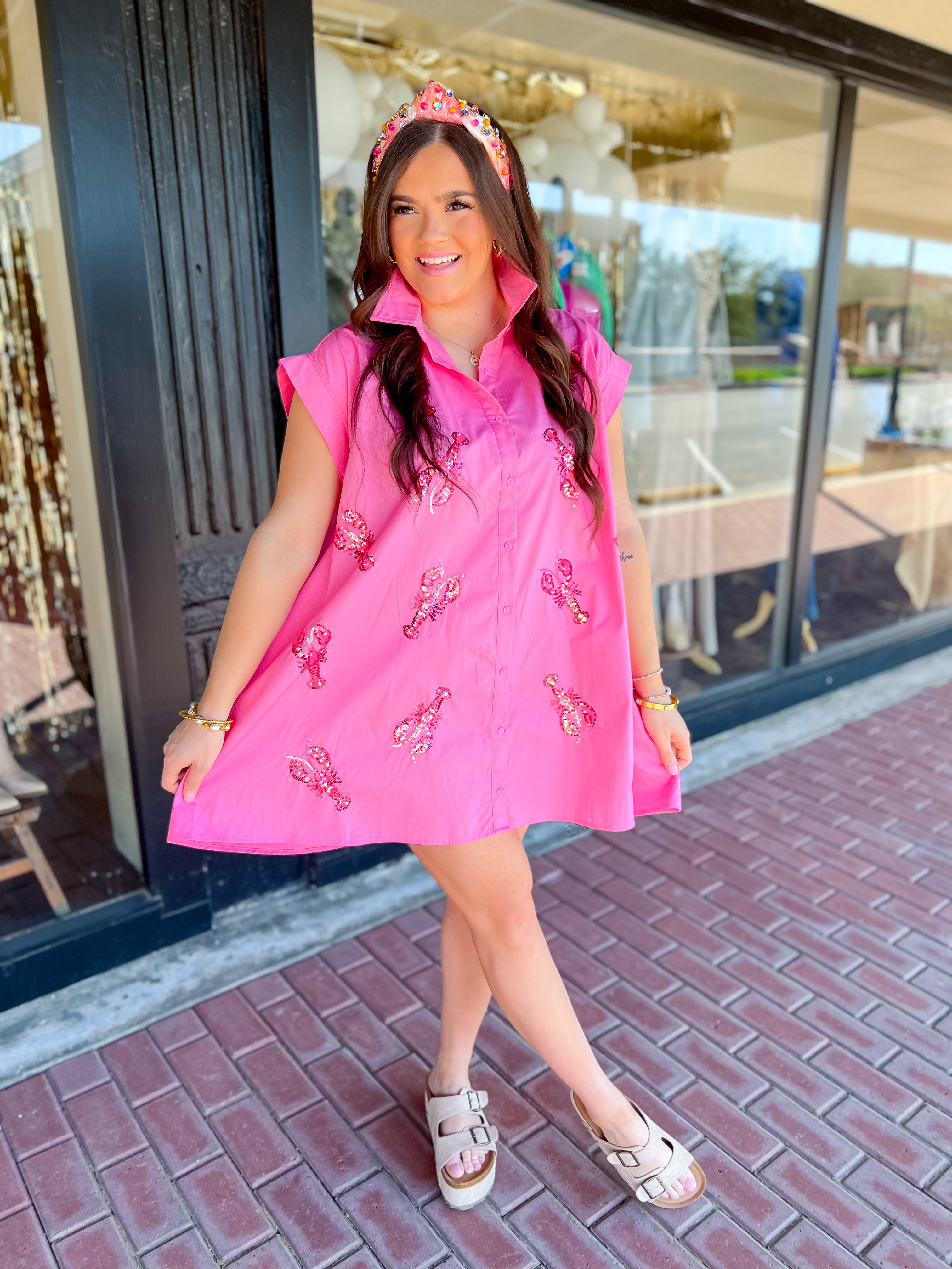 Pretty In Crawfish Sequins Dress-Pink