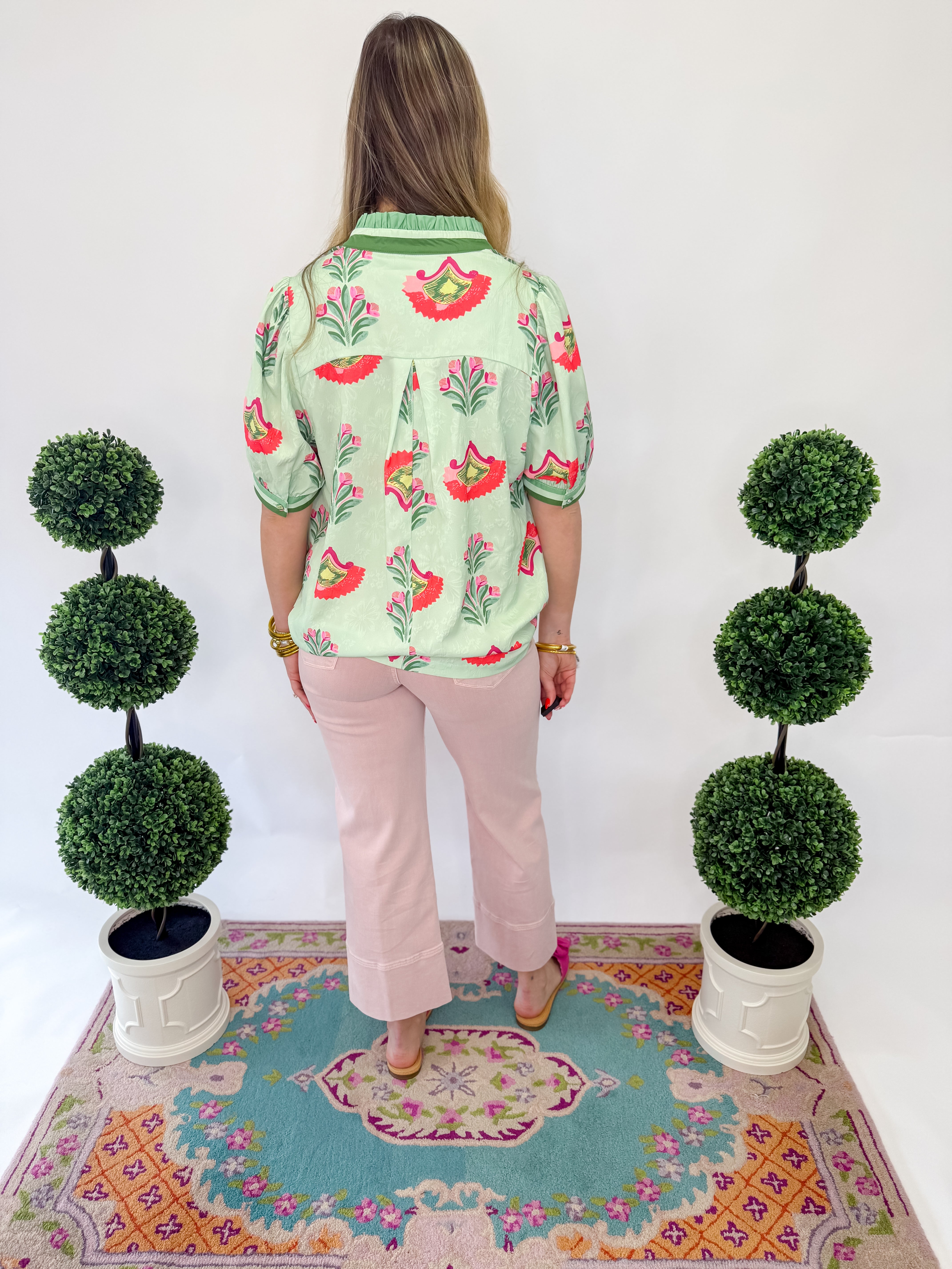 Pretty In Petals Ruffle Neck Top - Lt Sage