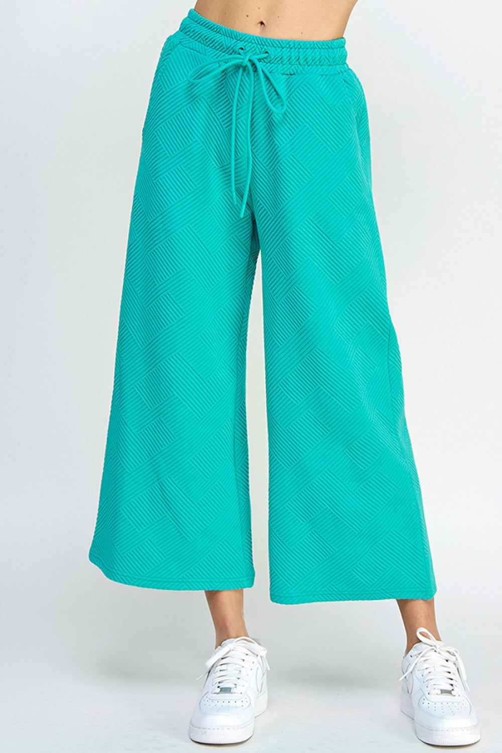 Textured Wide Cropped Pants -Turquoise