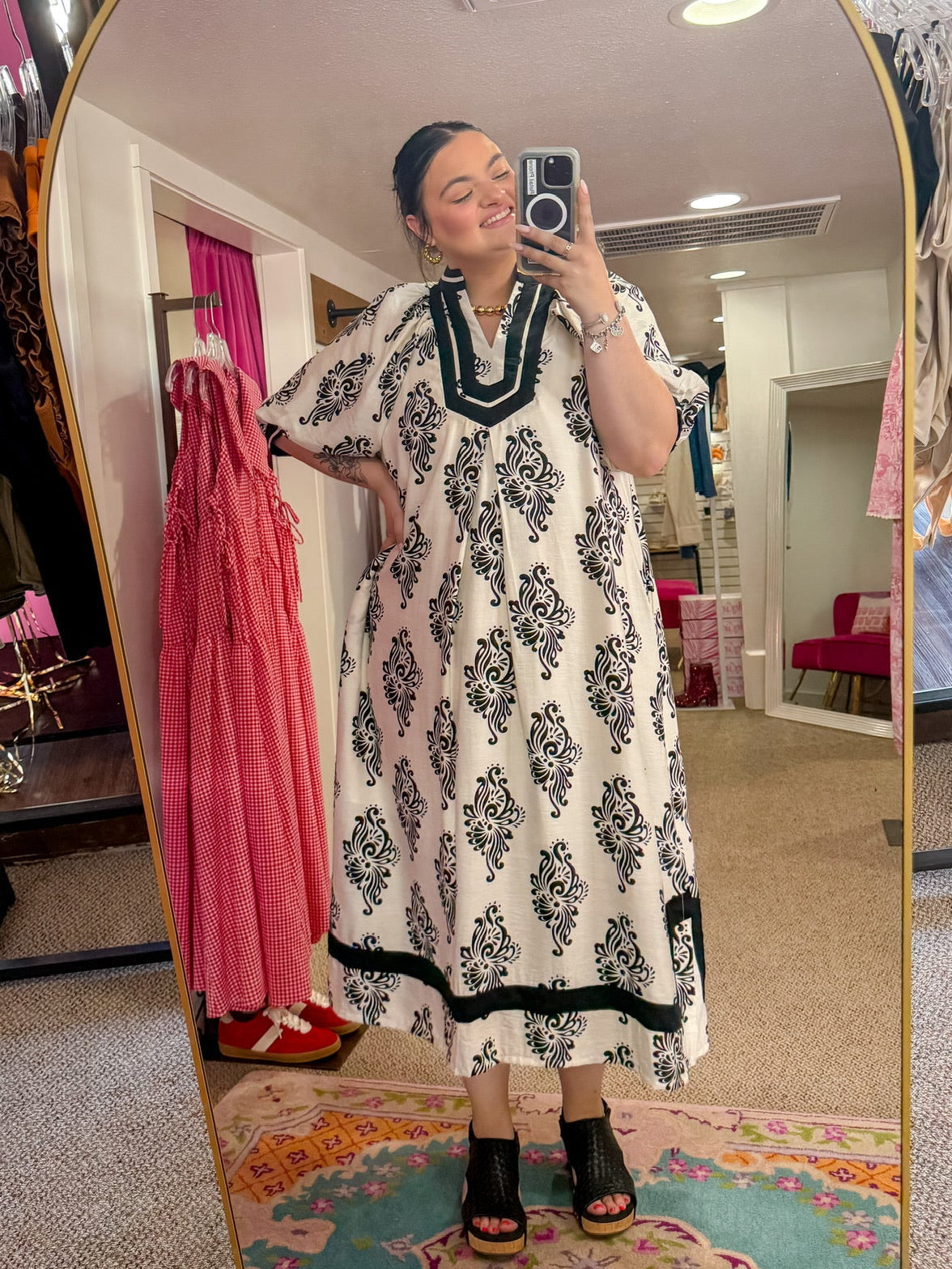 Lila Blossom Print Midi Dress- Off White