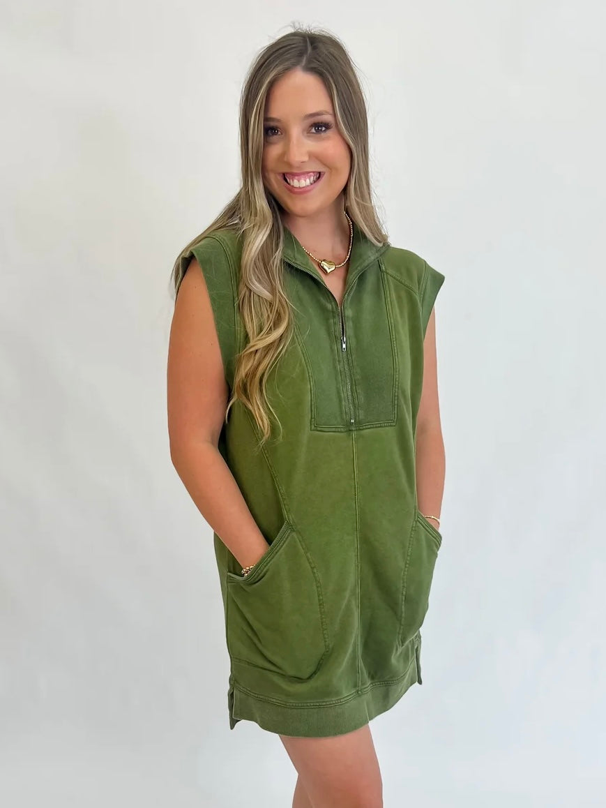 Sporty Mineral-Washed Vest Dress-Dark Olive